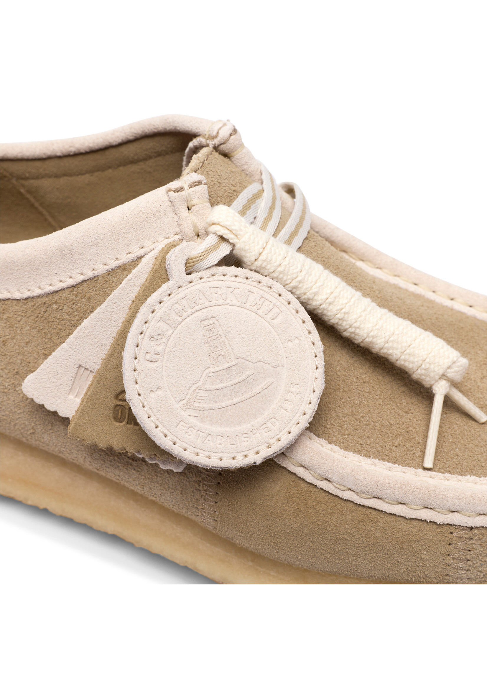 Clarks Originals Men’s Wallabee Maple Beige Stripe Suede Shoes – Natural Crepe Sole, Style 26185672