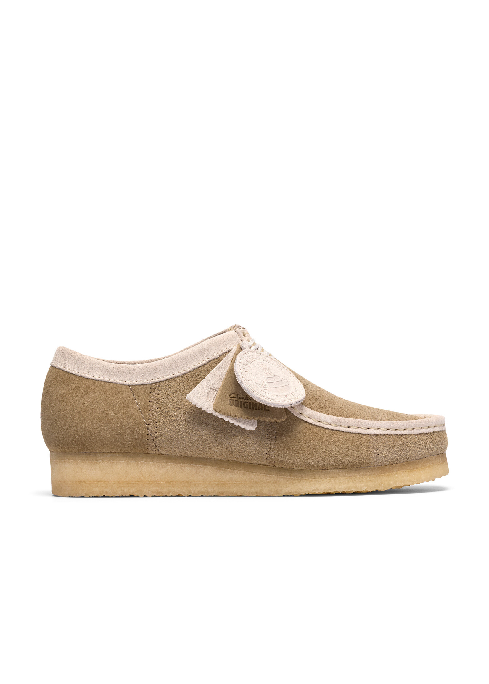 Clarks Originals Men’s Wallabee Maple Beige Stripe Suede Shoes – Natural Crepe Sole, Style 26185672
