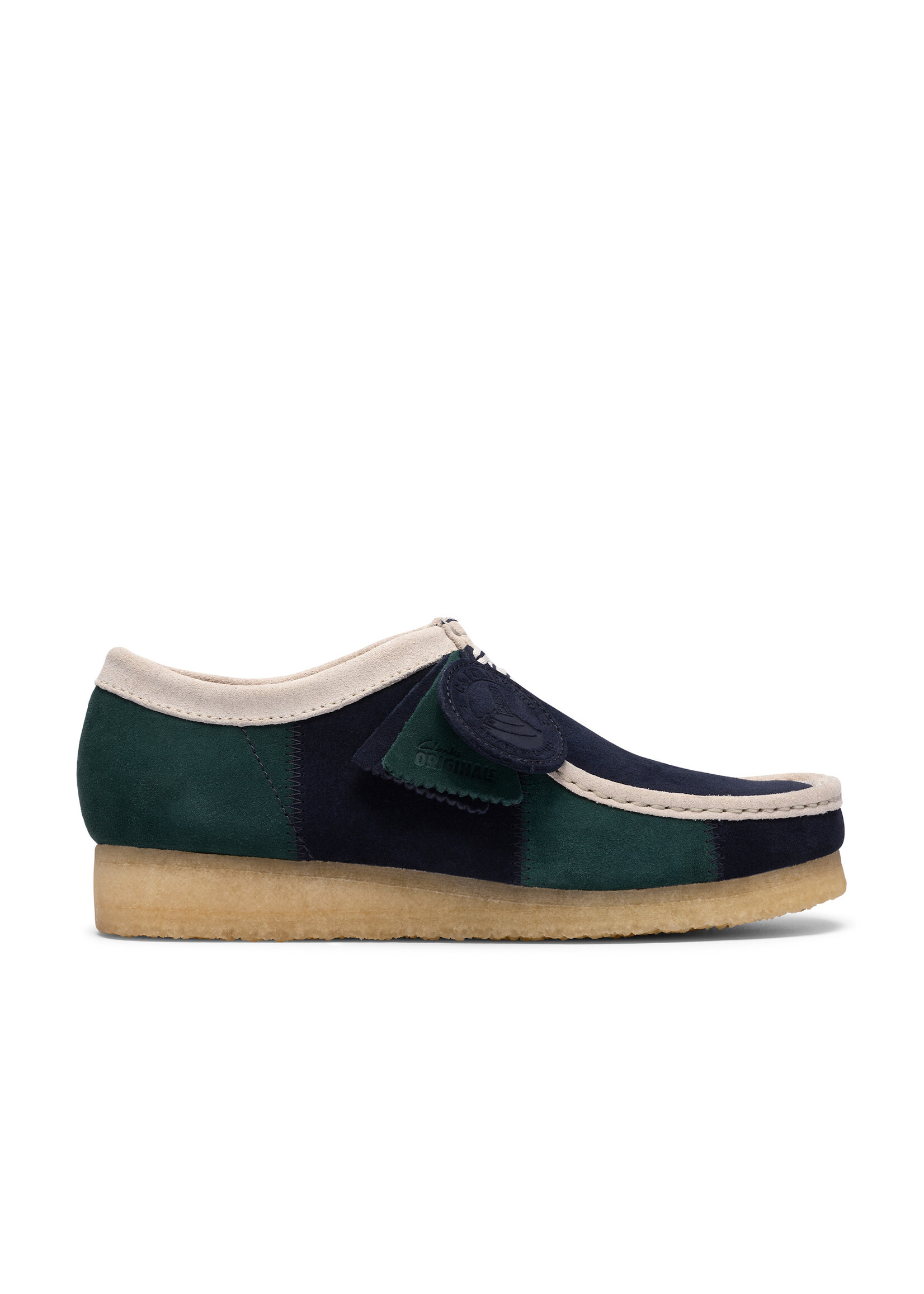 Clarks Originals Men’s Wallabee Blue/Green Stripe Suede Shoes – Natural Crepe Sole, Style 26185545
