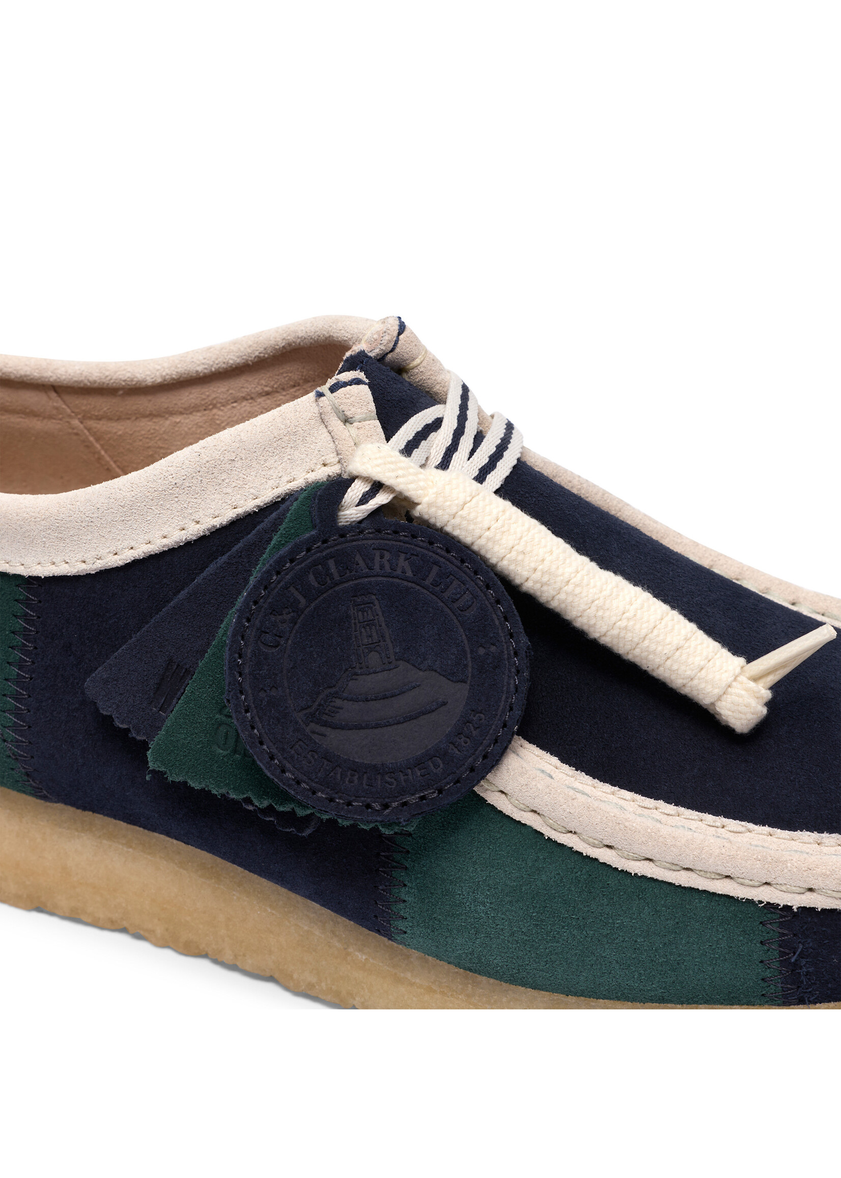 Clarks Originals Men’s Wallabee Blue/Green Stripe Suede Shoes – Natural Crepe Sole, Style 26185545