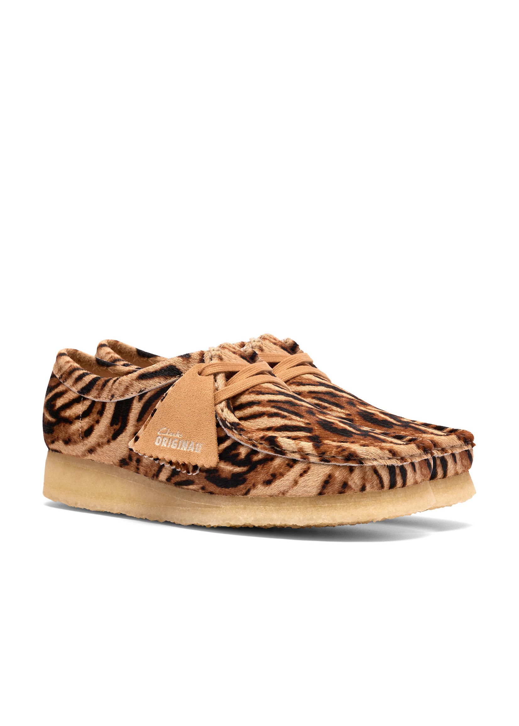 Clarks Originals Women’s Wallabee Tiger Brown Print Suede Shoes – Natural Crepe Sole, Style 26185595