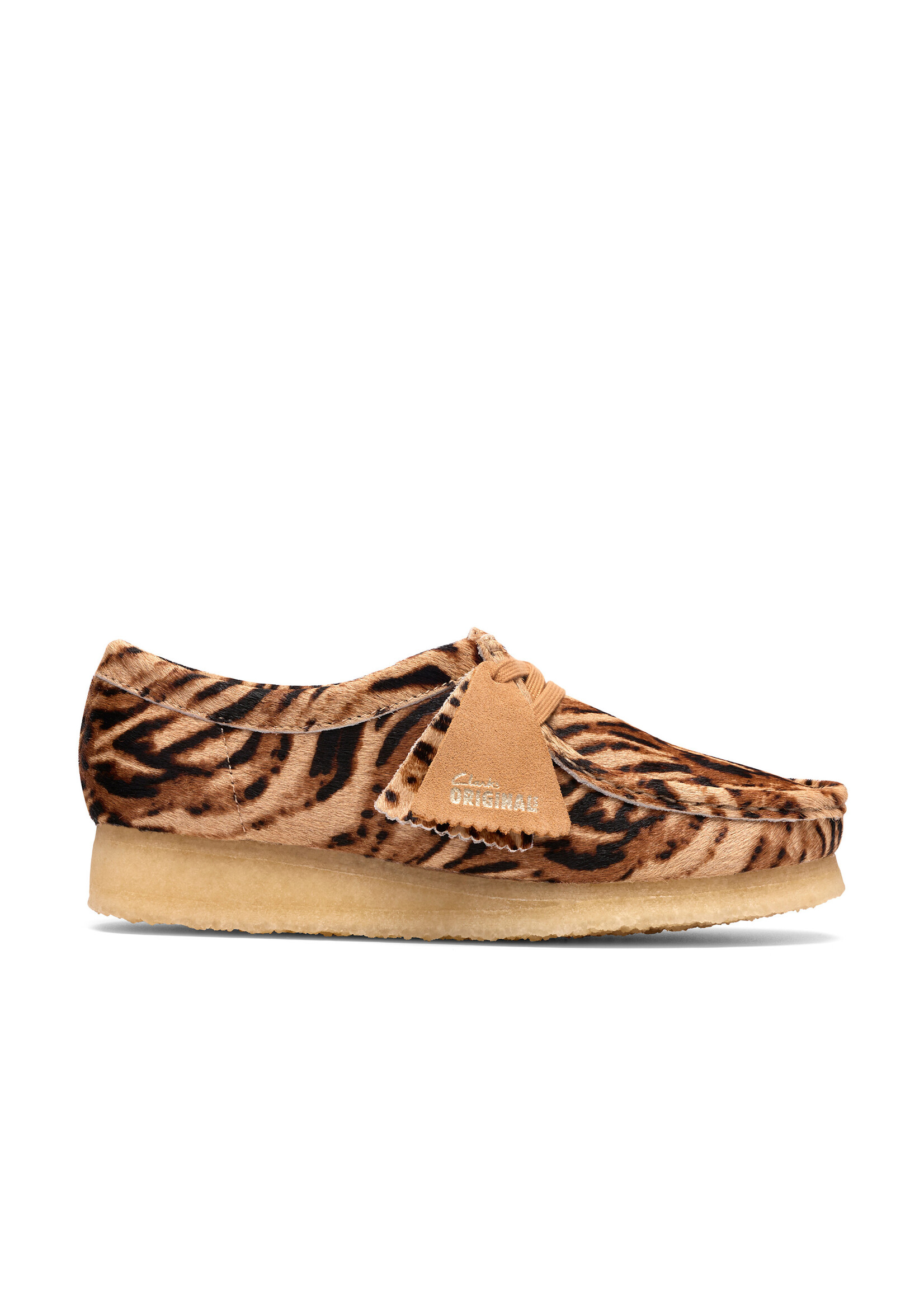 Clarks Originals Women’s Wallabee Tiger Brown Print Suede Shoes – Natural Crepe Sole, Style 26185595