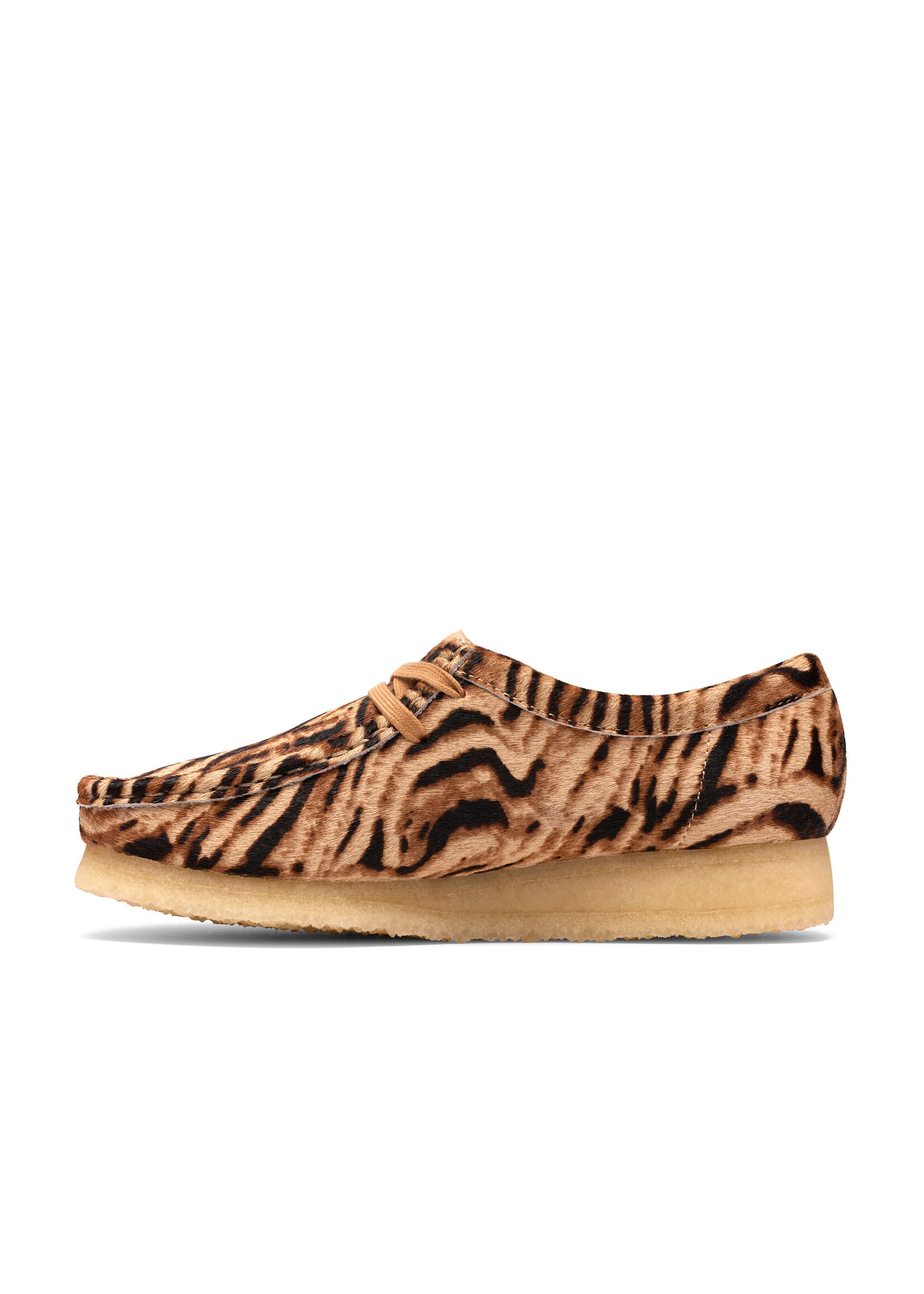 Clarks Originals Women’s Wallabee Tiger Brown Print Suede Shoes – Natural Crepe Sole, Style 26185595