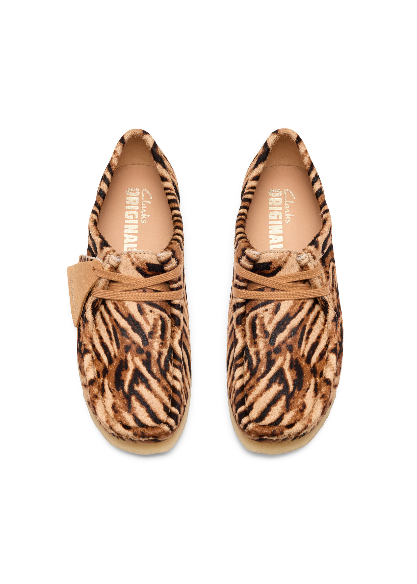 Clarks Originals Women’s Wallabee Tiger Brown Print Suede Shoes – Natural Crepe Sole, Style 26185595