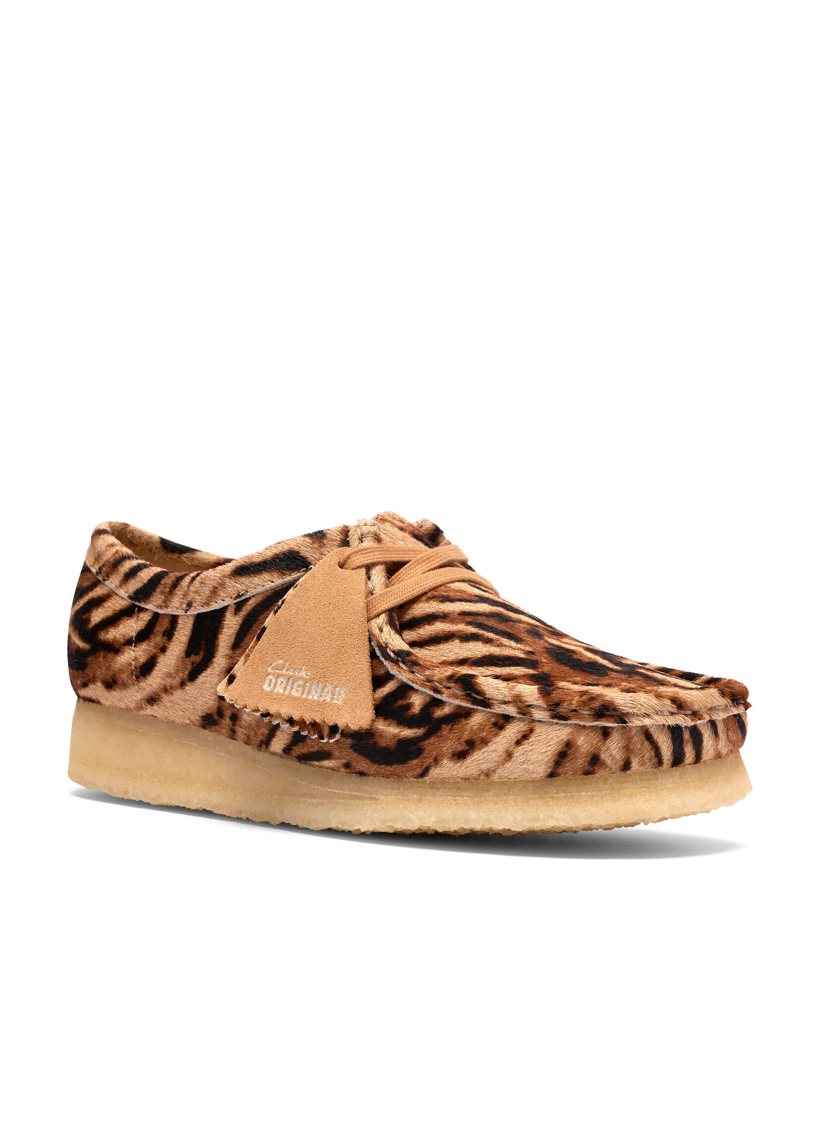Clarks Originals Women’s Wallabee Tiger Brown Print Suede Shoes – Natural Crepe Sole, Style 26185595