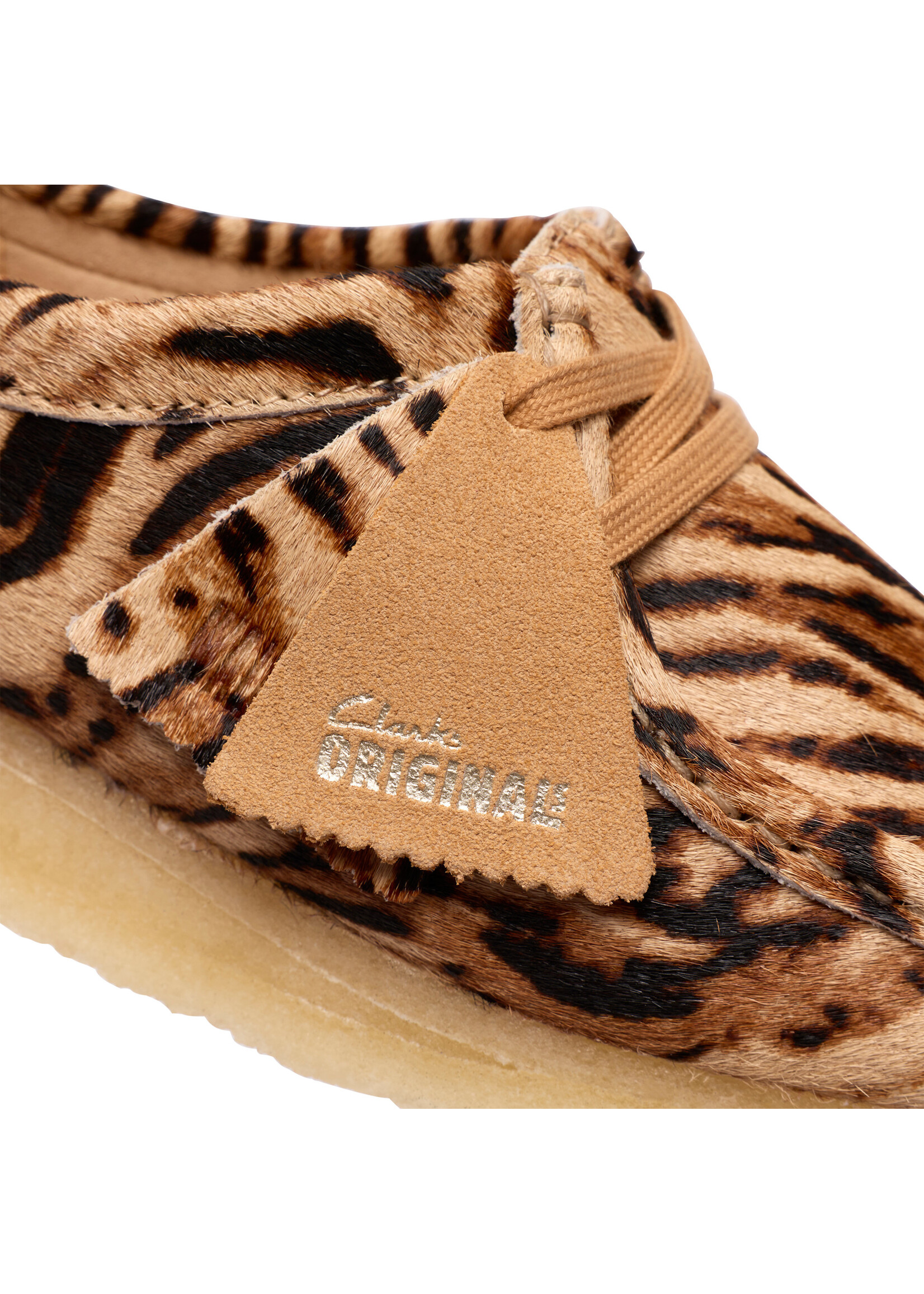 Clarks Originals Women’s Wallabee Tiger Brown Print Suede Shoes – Natural Crepe Sole, Style 26185595