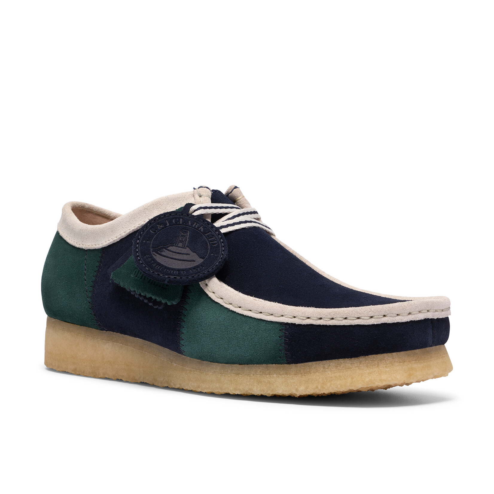 Clarks Originals Men’s Wallabee Blue/Green Stripe Suede Shoes – Natural Crepe Sole, Style 26185545