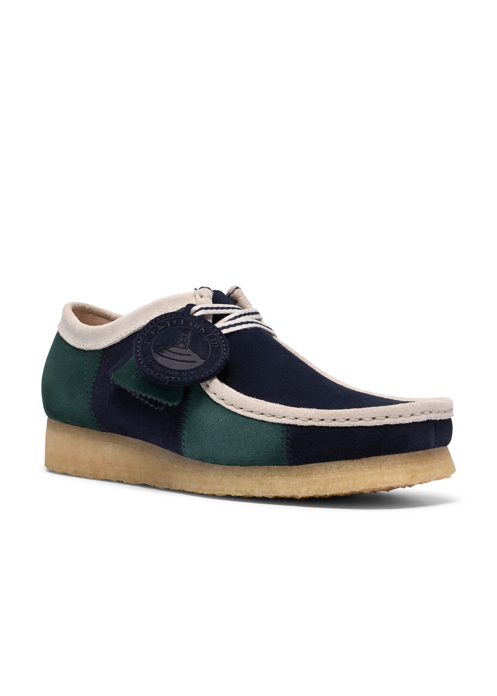 Clarks Originals Men’s Wallabee Blue/Green Stripe Suede Shoes – Natural Crepe Sole, Style 26185545