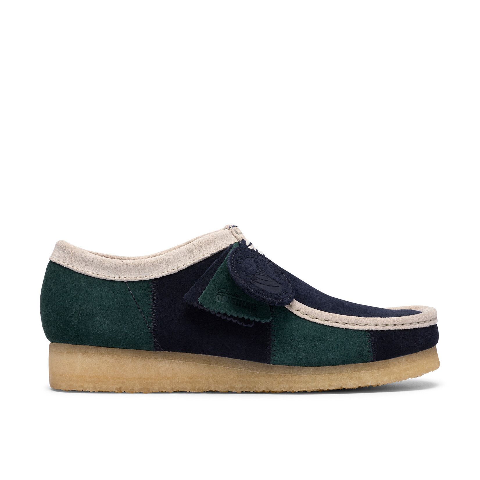 Clarks Originals Men’s Wallabee Blue/Green Stripe Suede Shoes – Natural Crepe Sole, Style 26185545