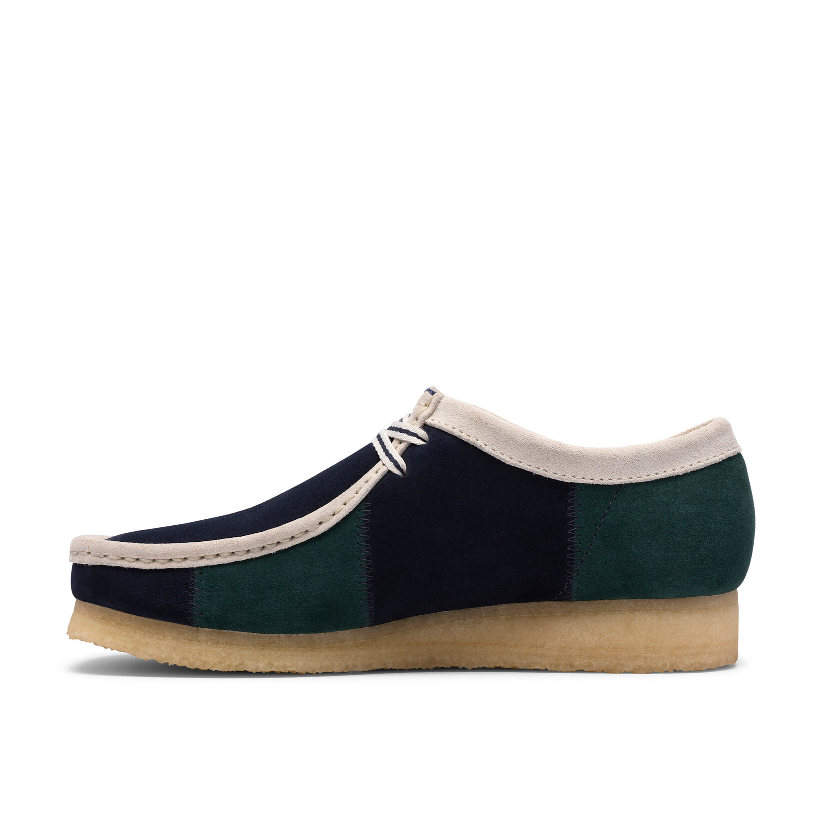 Clarks Originals Men’s Wallabee Blue/Green Stripe Suede Shoes – Natural Crepe Sole, Style 26185545