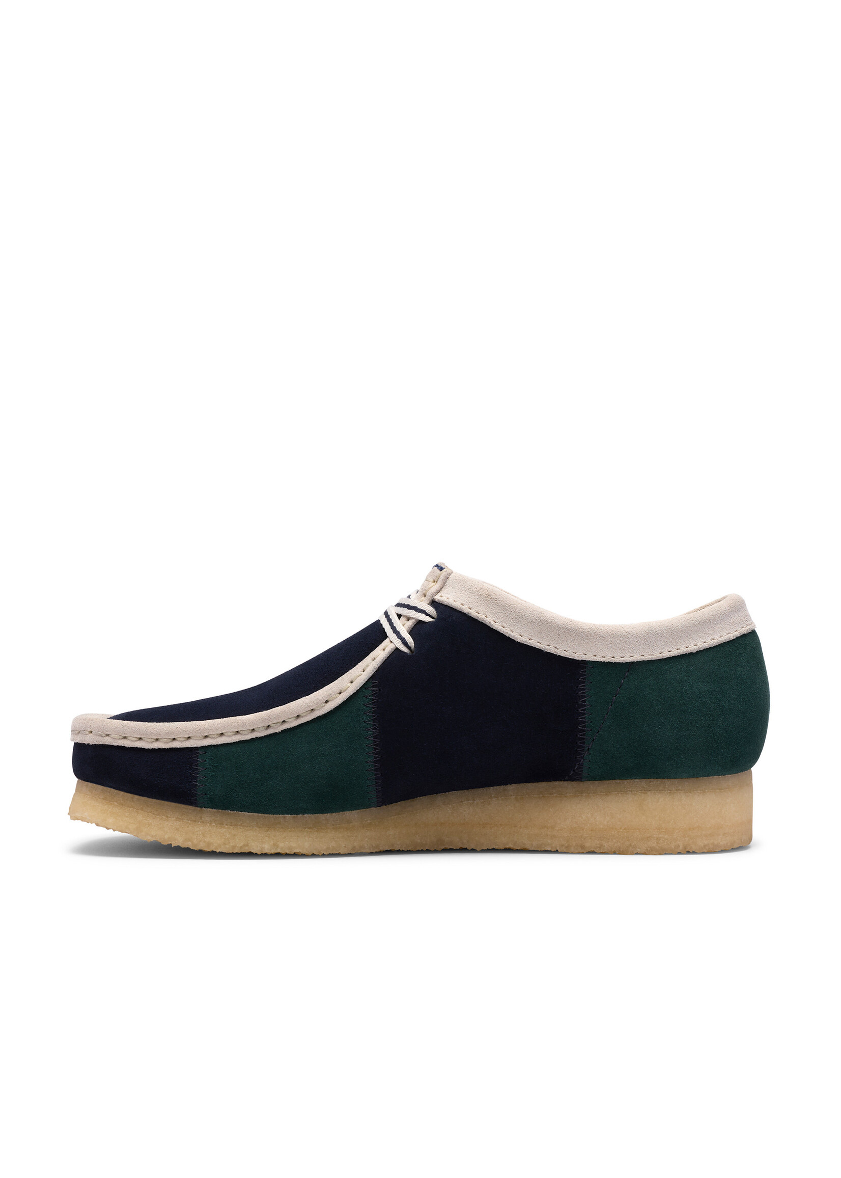 Clarks Originals Men’s Wallabee Blue/Green Stripe Suede Shoes – Natural Crepe Sole, Style 26185545