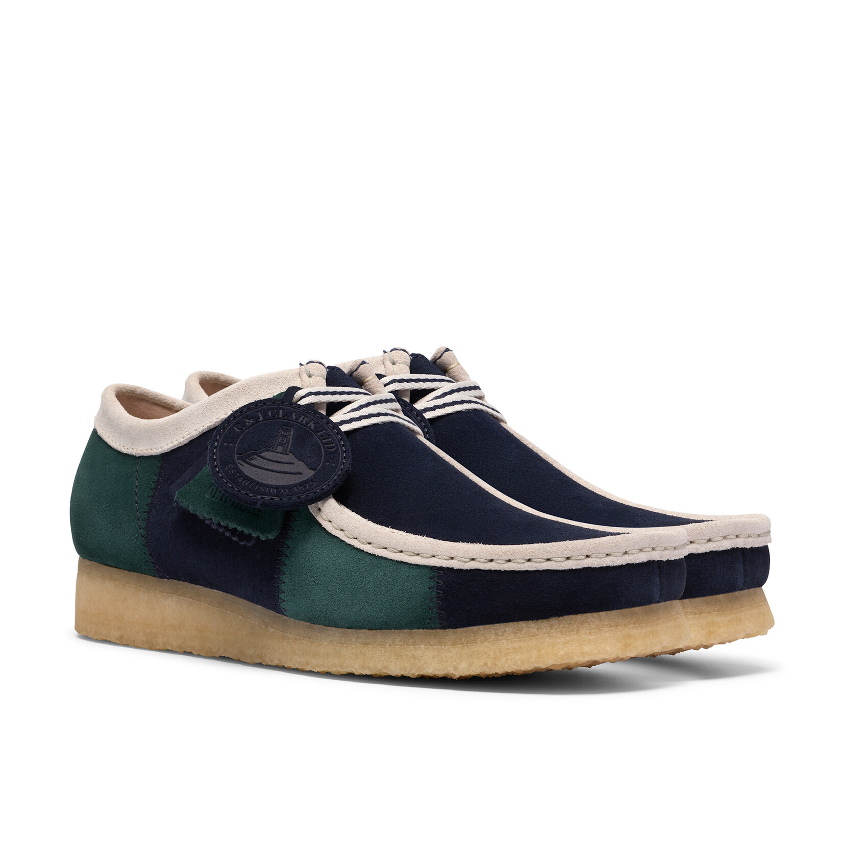 Clarks Originals Men’s Wallabee Blue/Green Stripe Suede Shoes – Natural Crepe Sole, Style 26185545