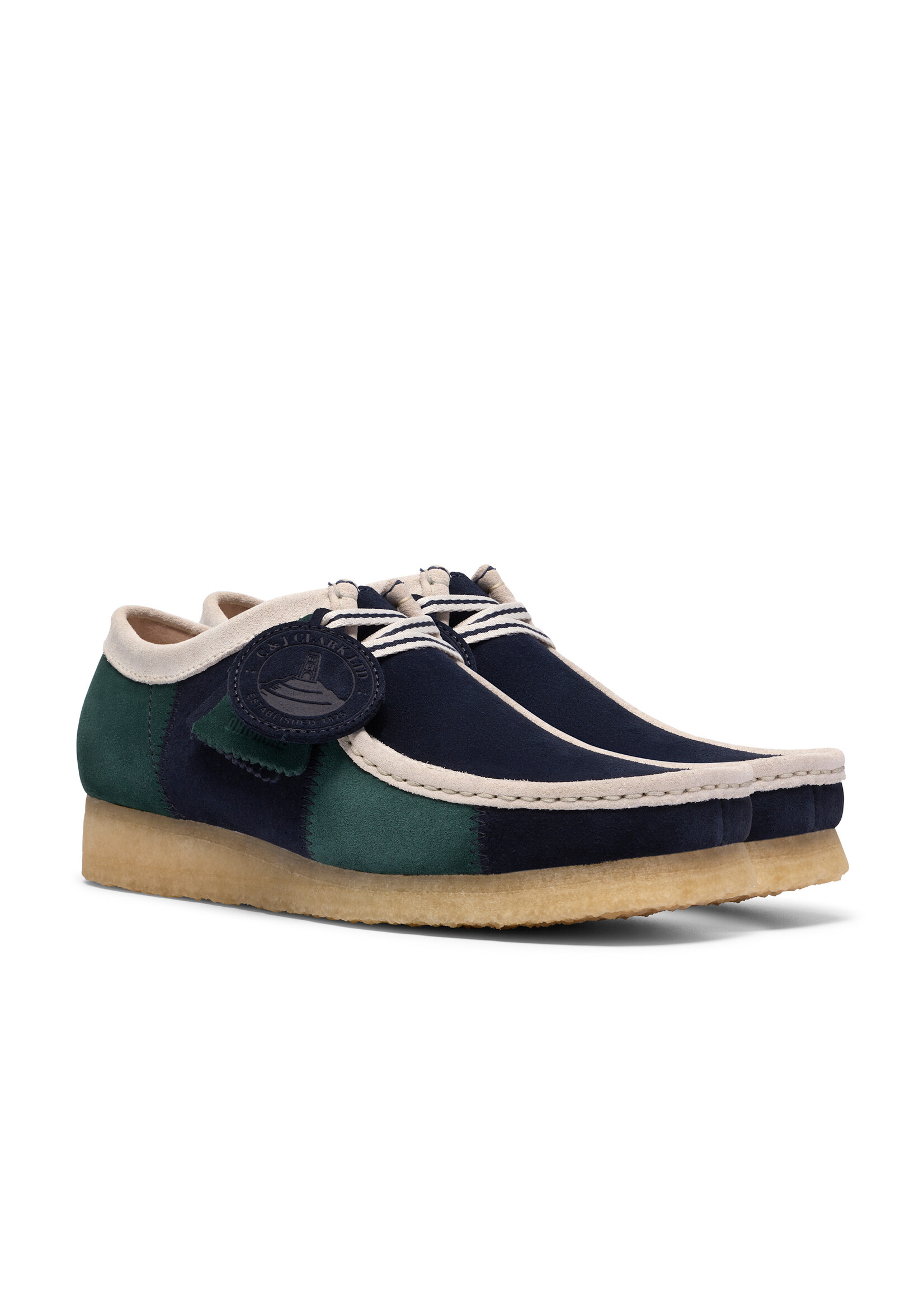 Clarks Originals Men’s Wallabee Blue/Green Stripe Suede Shoes – Natural Crepe Sole, Style 26185545