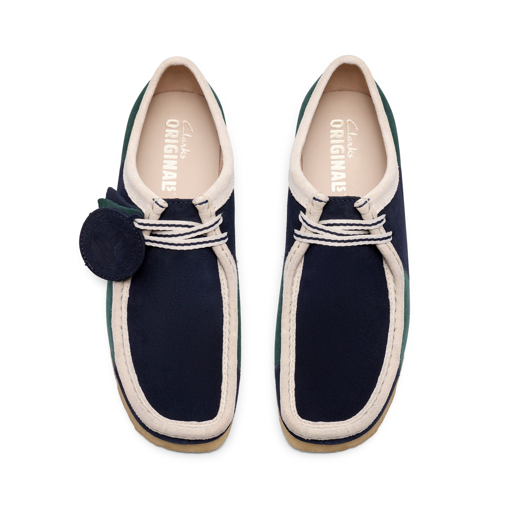Clarks Originals Men’s Wallabee Blue/Green Stripe Suede Shoes – Natural Crepe Sole, Style 26185545