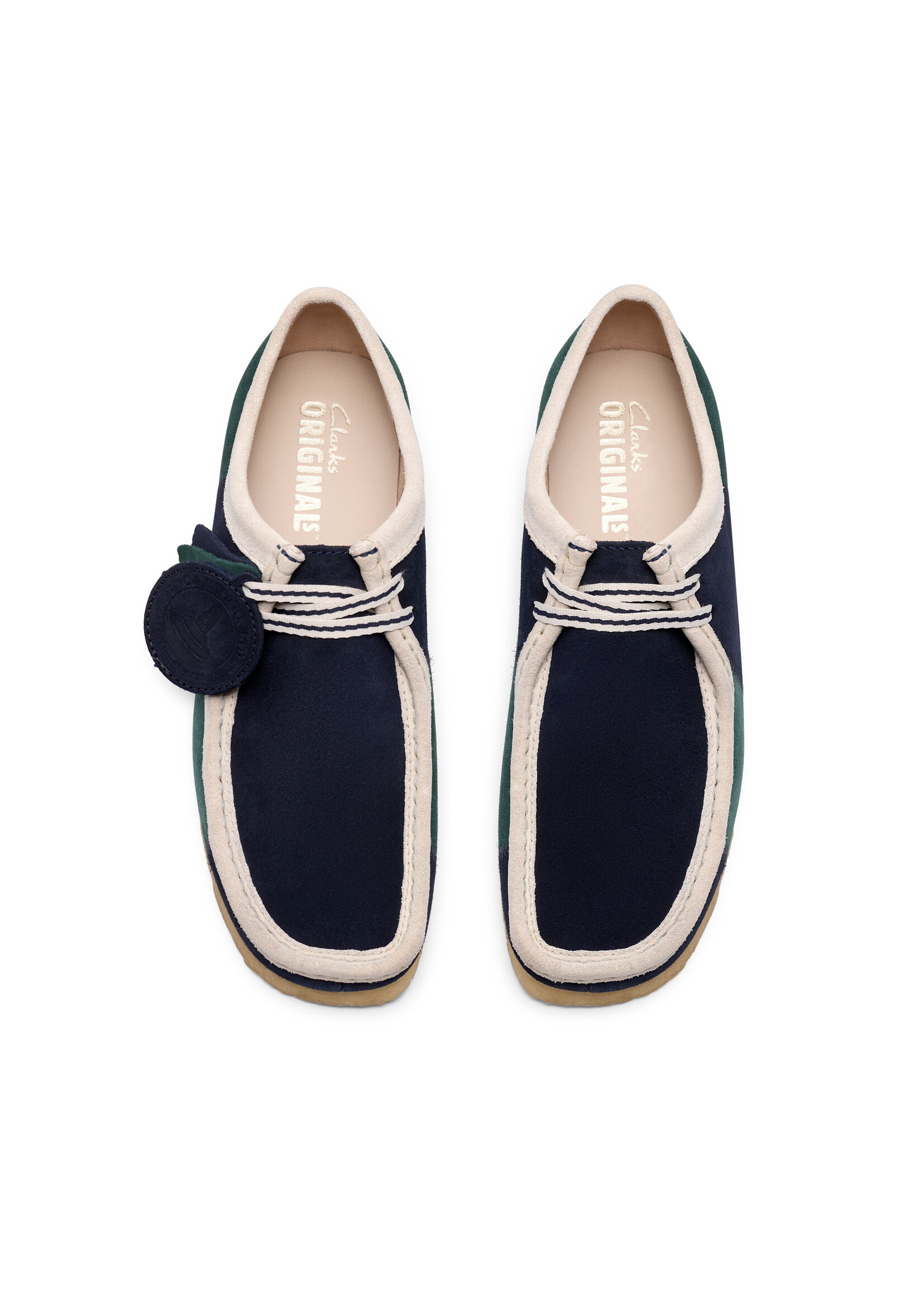 Clarks Originals Men’s Wallabee Blue/Green Stripe Suede Shoes – Natural Crepe Sole, Style 26185545