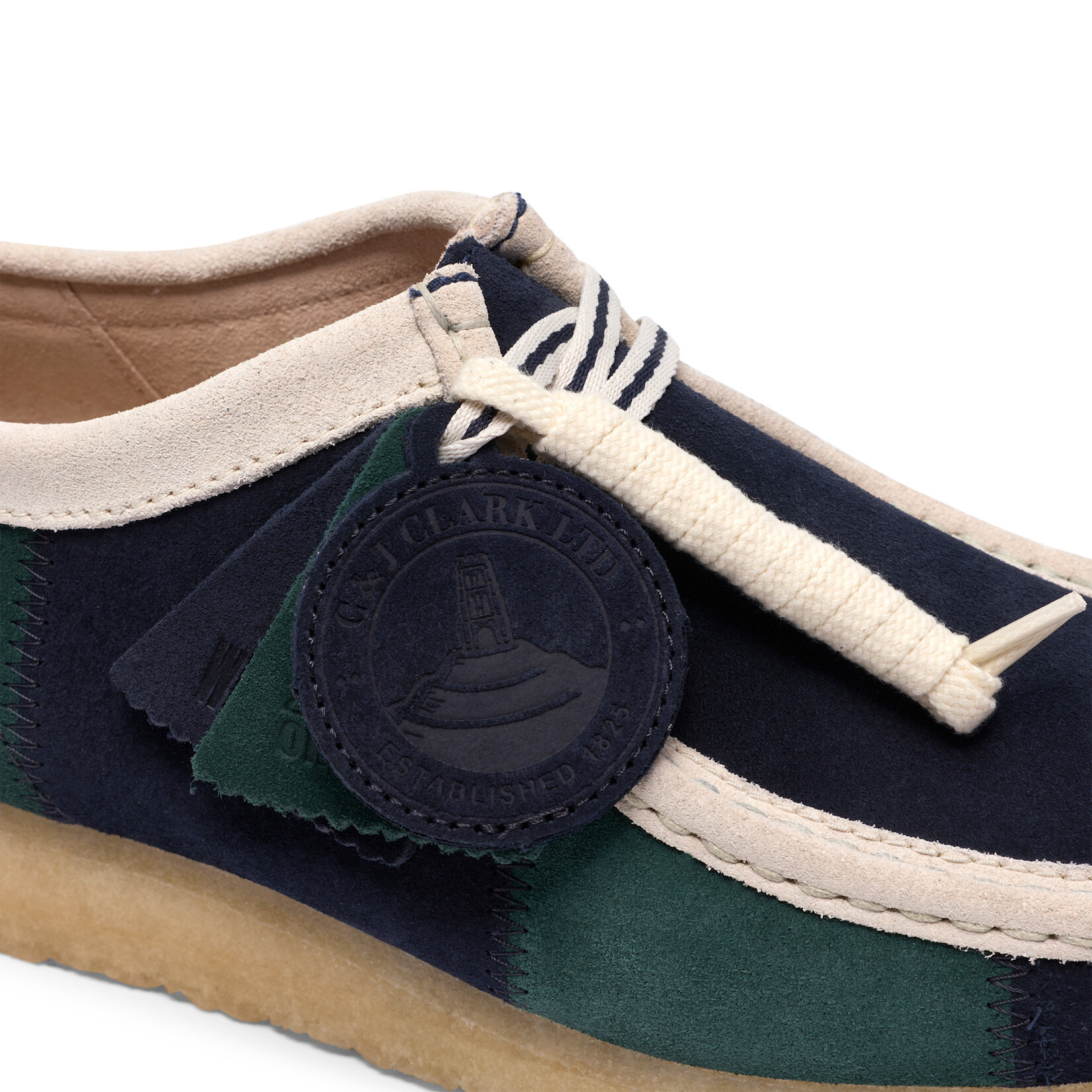 Clarks Originals Men’s Wallabee Blue/Green Stripe Suede Shoes – Natural Crepe Sole, Style 26185545
