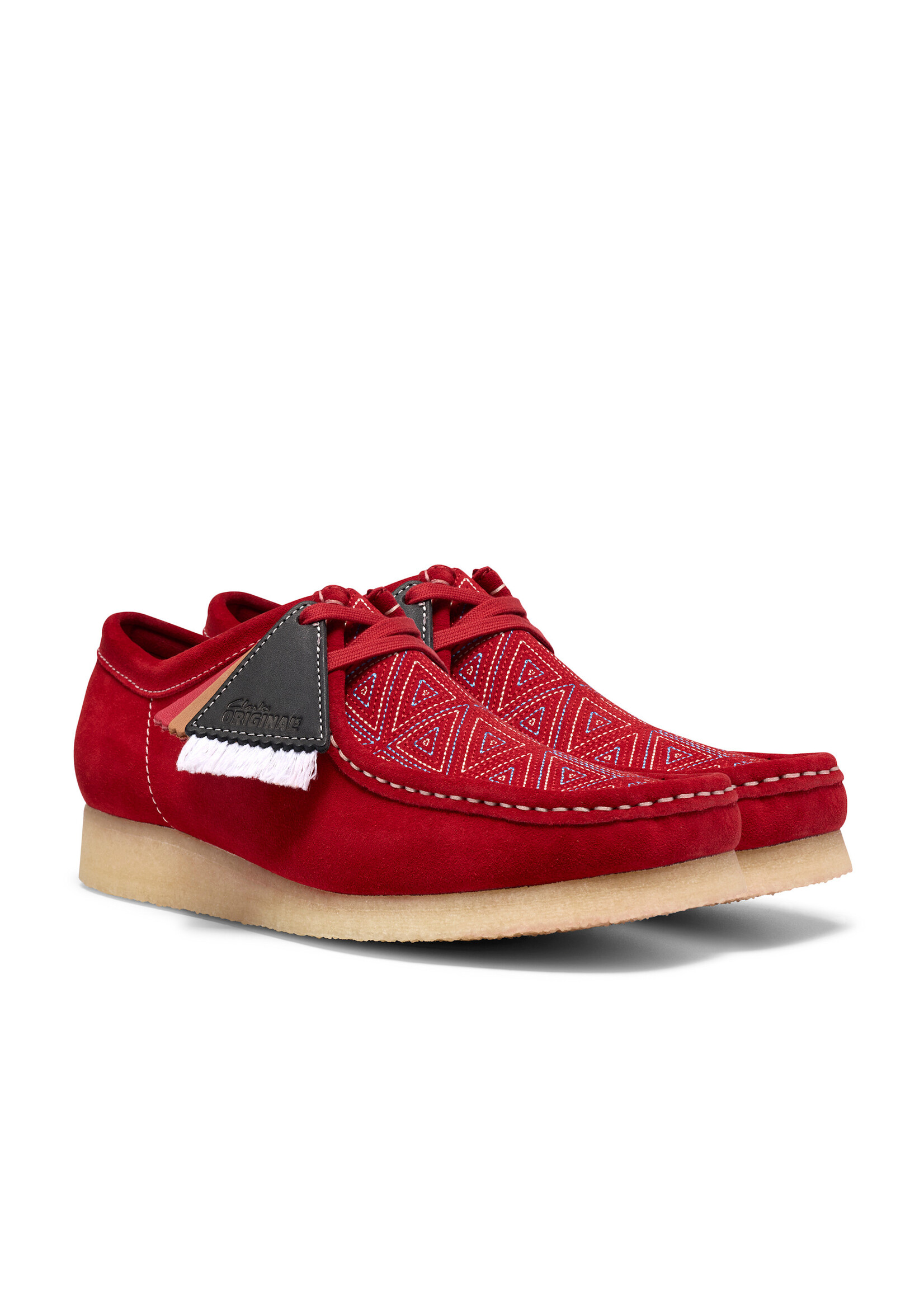 Clarks Originals Wallabee Red Interest, a Blanch Yu collaboration. Bold red suede, embroidered vamp, crepe sole, collectible FOBS. SKU 26327593