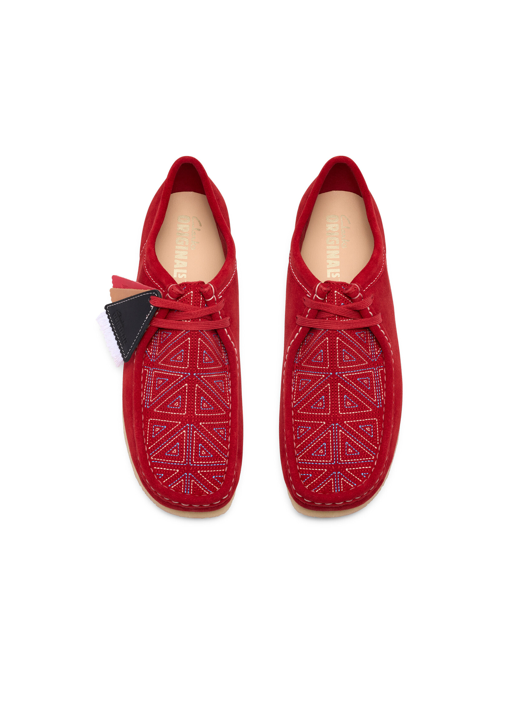 Clarks Originals Wallabee Red Interest, a Blanch Yu collaboration. Bold red suede, embroidered vamp, crepe sole, collectible FOBS. SKU 26327593