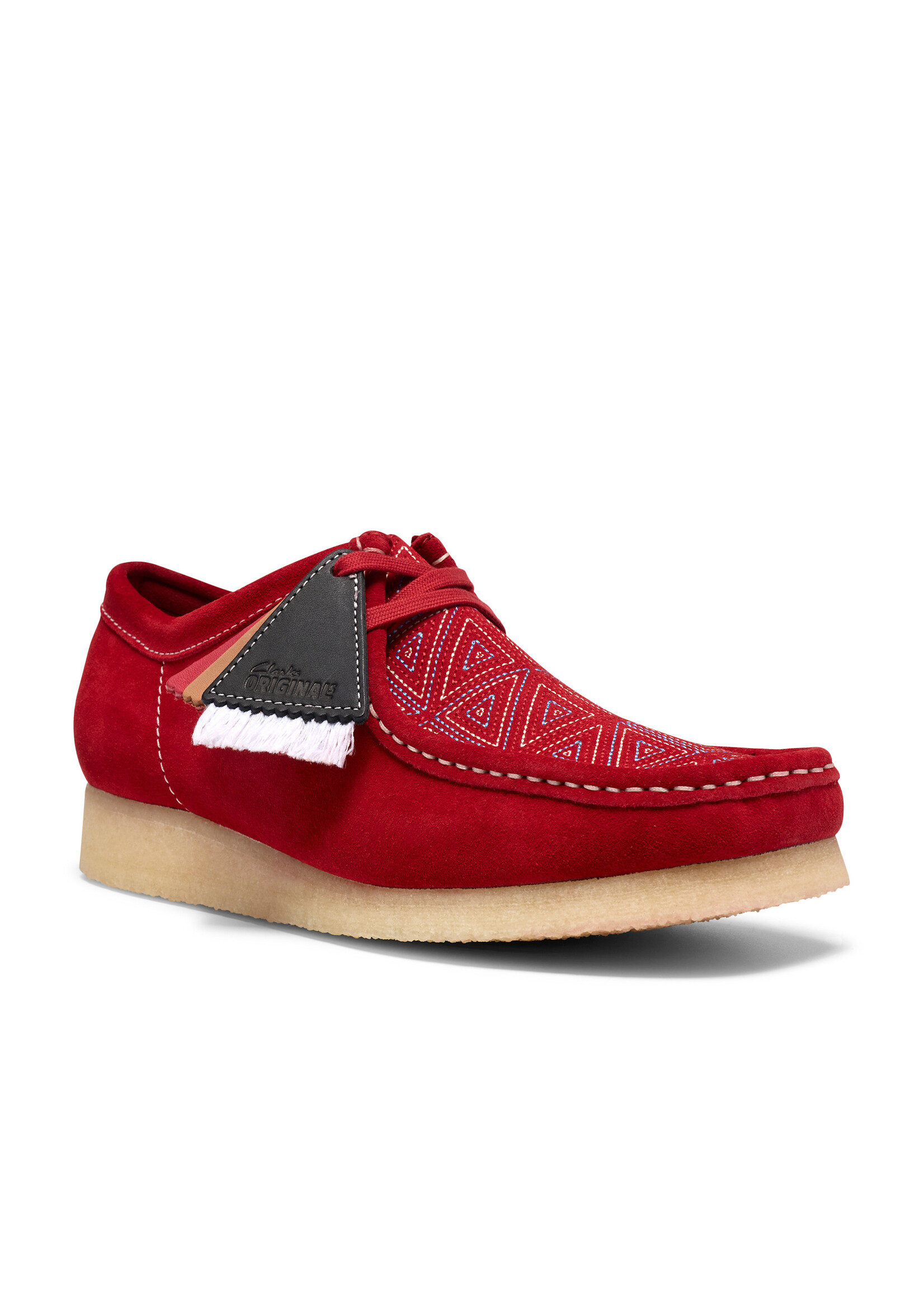 Clarks Originals Wallabee Red Interest, a Blanch Yu collaboration. Bold red suede, embroidered vamp, crepe sole, collectible FOBS. SKU 26327593