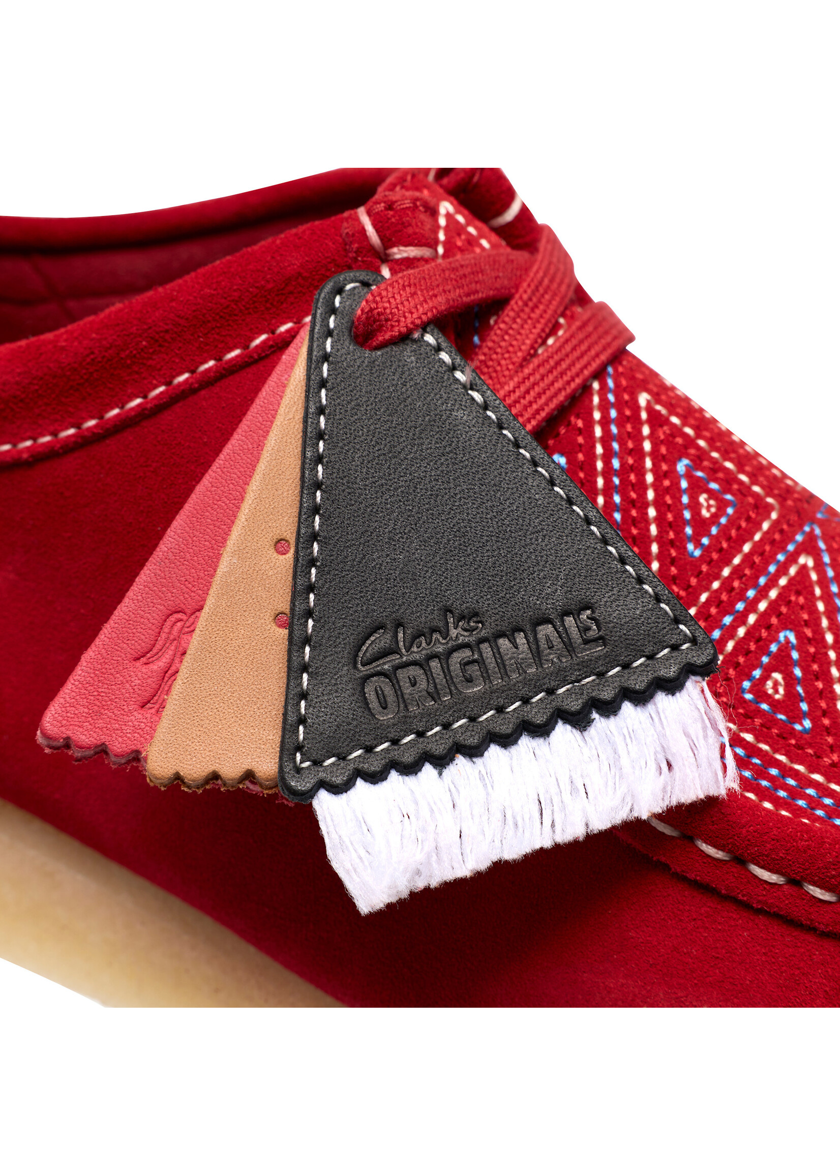 Clarks Originals Wallabee Red Interest, a Blanch Yu collaboration. Bold red suede, embroidered vamp, crepe sole, collectible FOBS. SKU 26327593