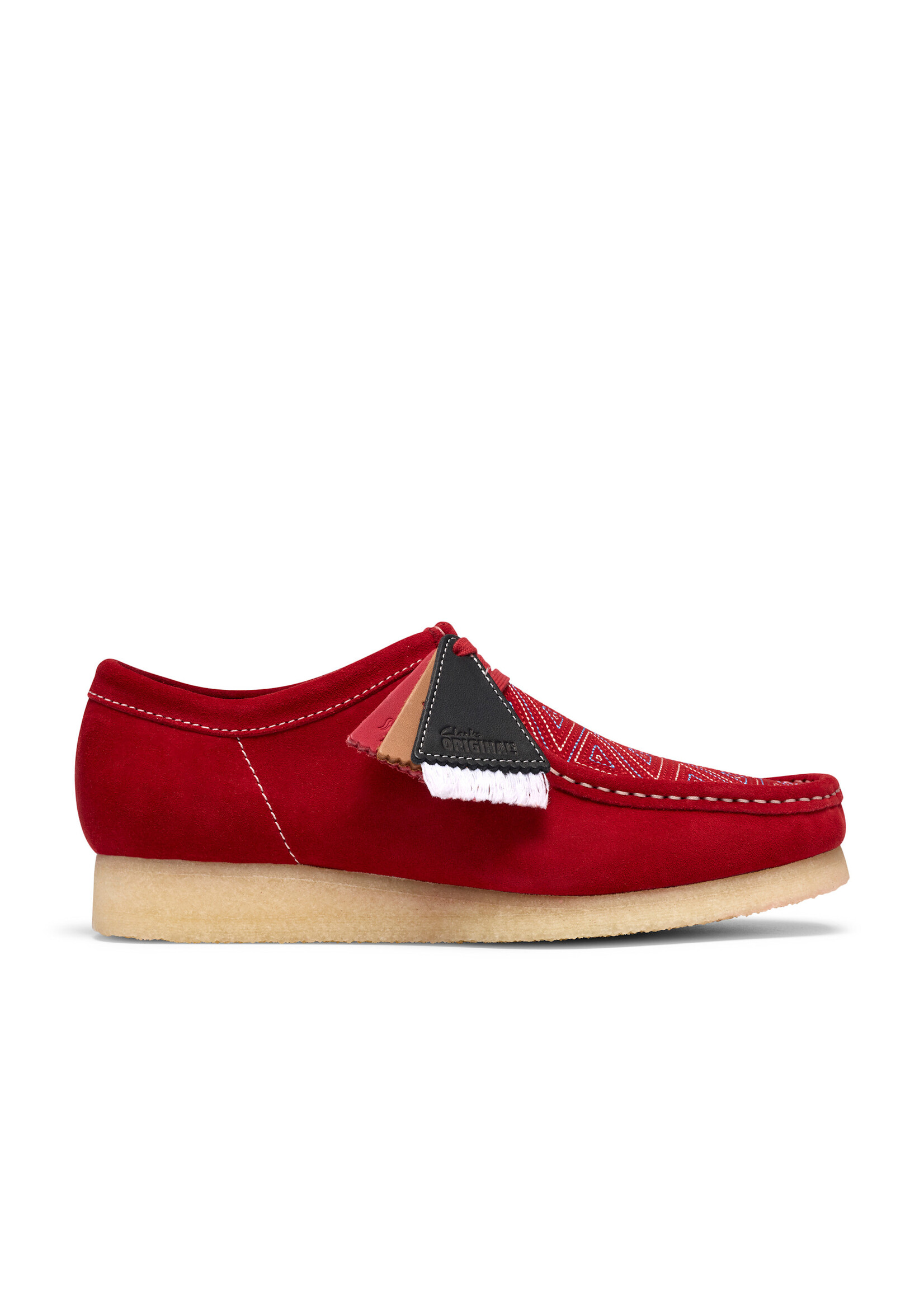 Clarks Originals Wallabee Red Interest, a Blanch Yu collaboration. Bold red suede, embroidered vamp, crepe sole, collectible FOBS. SKU 26327593