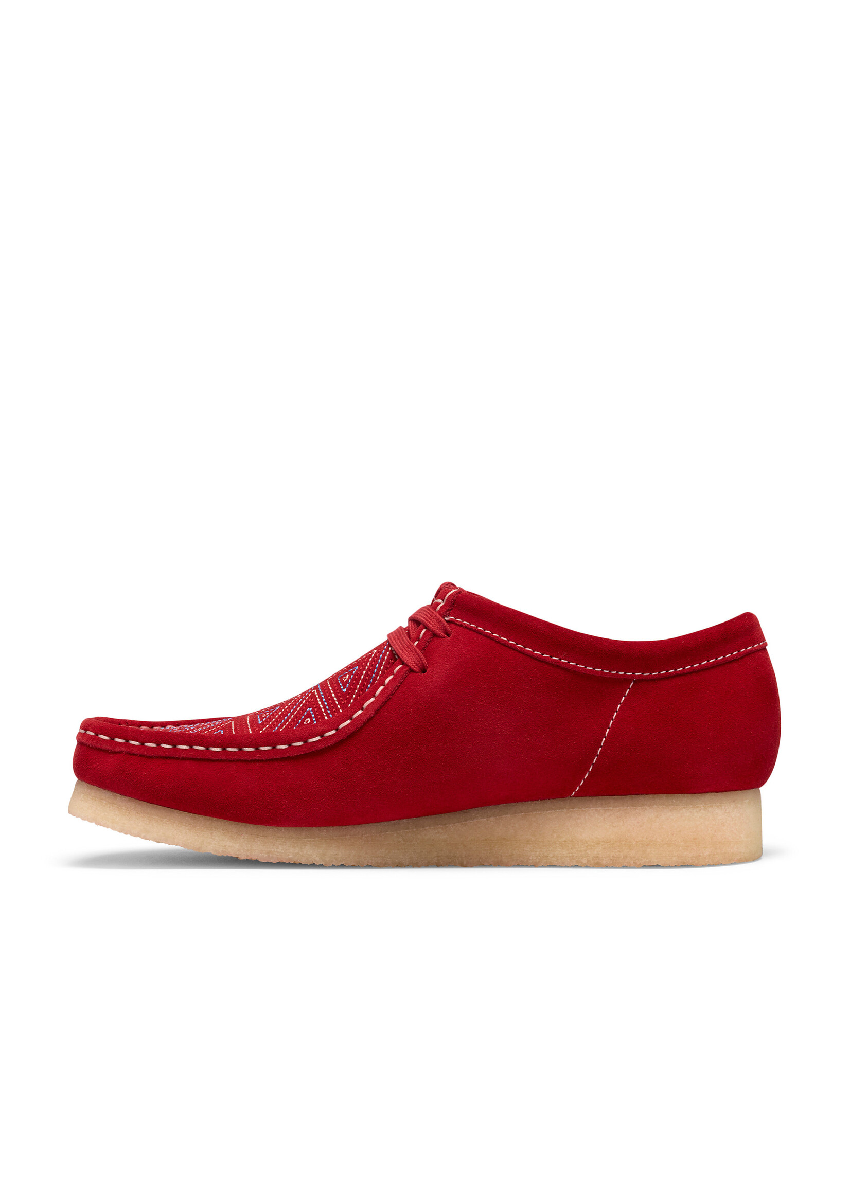 Clarks Originals Wallabee Red Interest, a Blanch Yu collaboration. Bold red suede, embroidered vamp, crepe sole, collectible FOBS. SKU 26327593