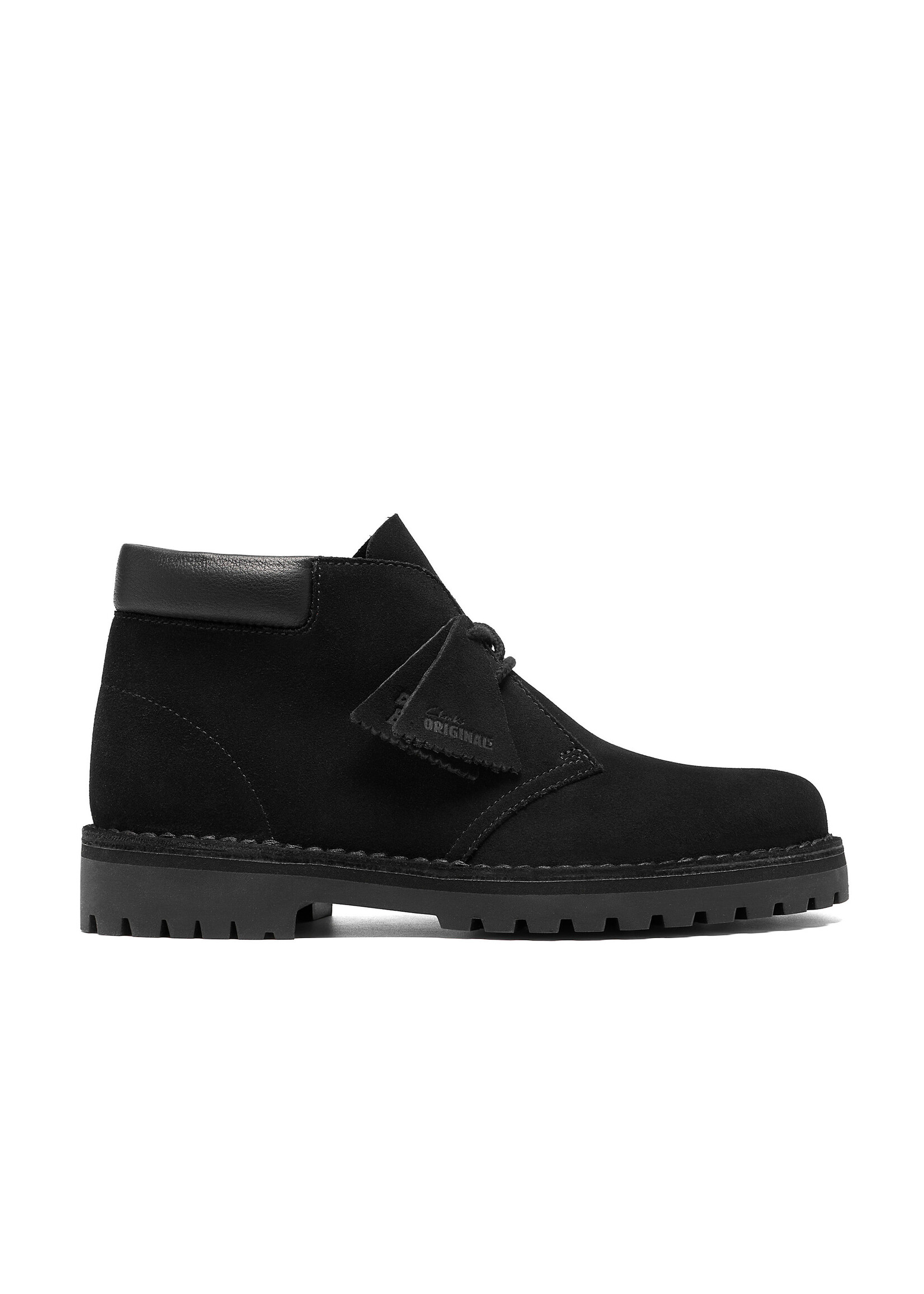 Clarks Originals Desert 2456 Rock in Black Suede. Roomier fit, padded collar, rugged Rock sole, tonal hiking lace. SKU 26327990.
