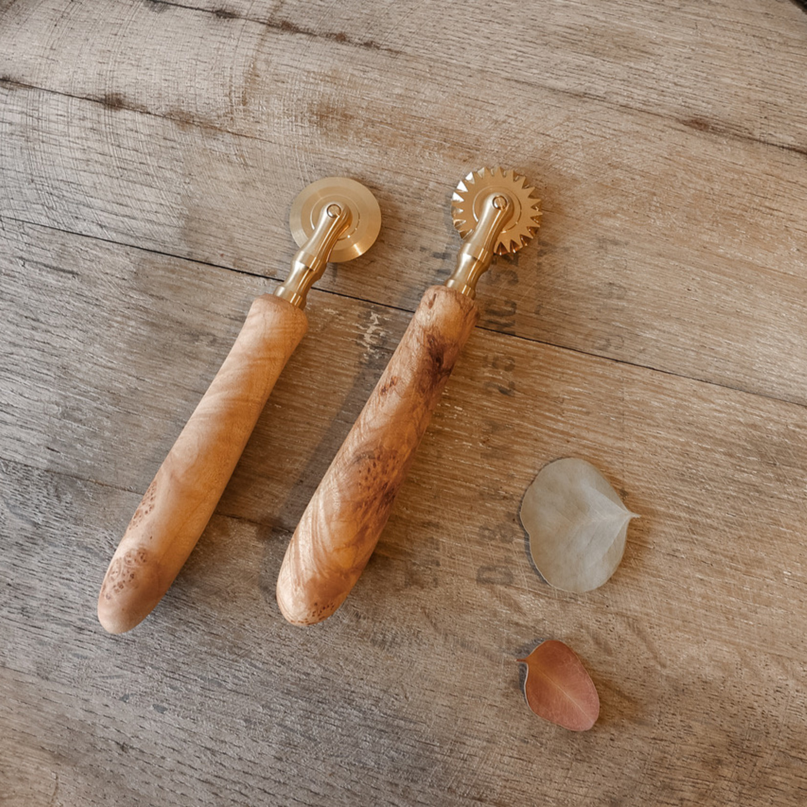 CUSTOM BURL HANDLED BRASS PASTA CUTTERS