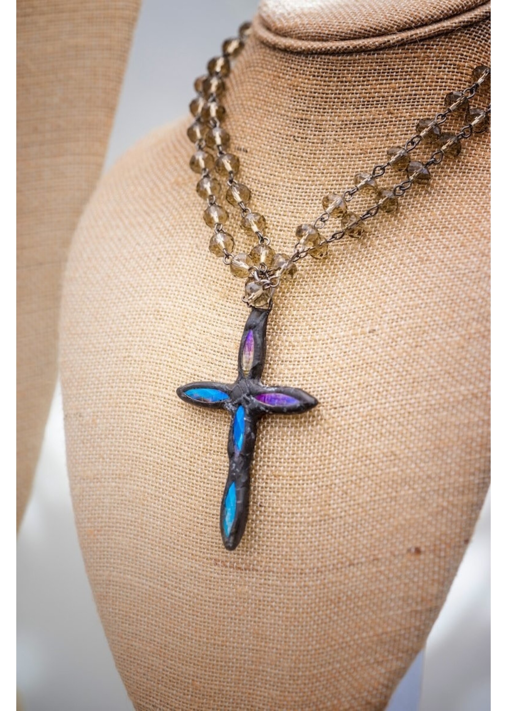 Funky Tulip Designs Hand Soldered Crystal Cross on Smoky Topaz Chain