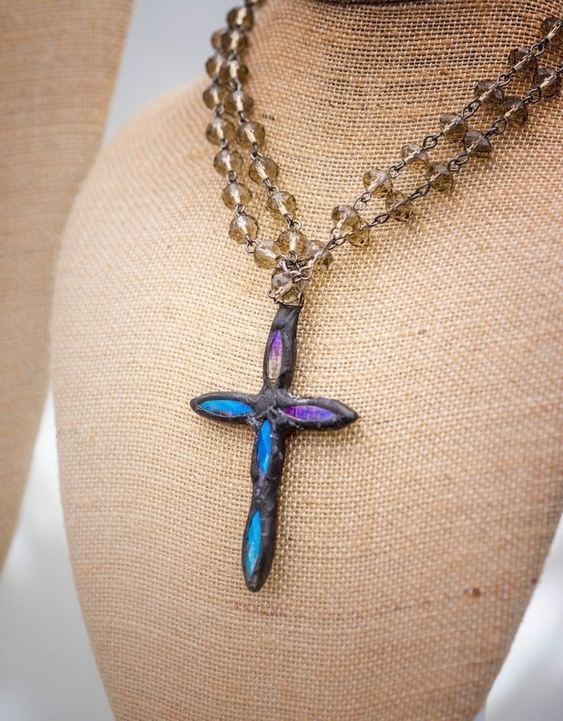 Funky Tulip Designs Hand Soldered Crystal Cross on Smoky Topaz Chain