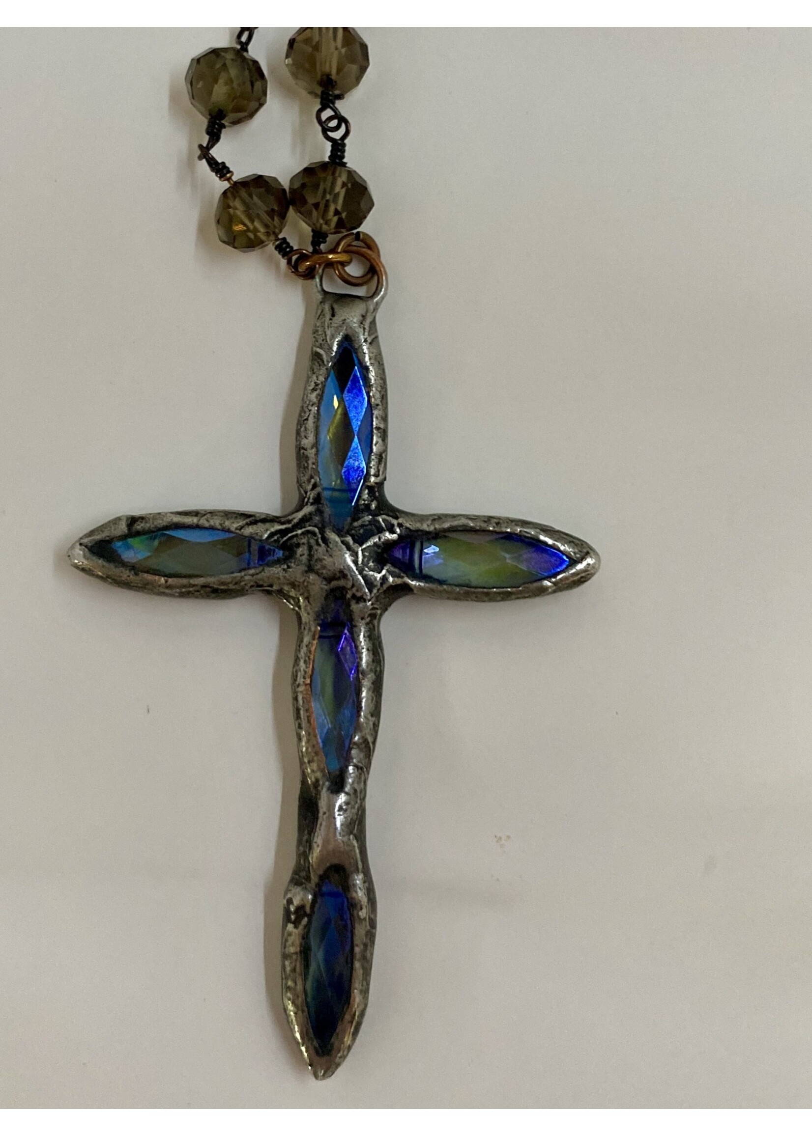 Funky Tulip Designs Hand Soldered Crystal Cross on Smoky Topaz Chain