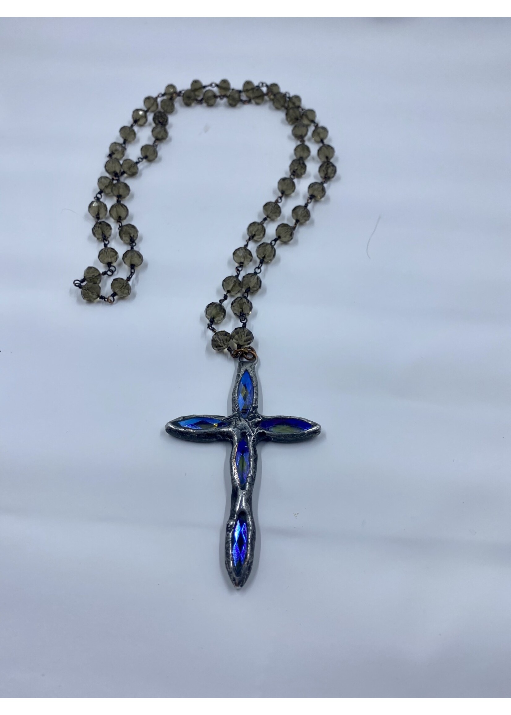 Funky Tulip Designs Hand Soldered Crystal Cross on Smoky Topaz Chain