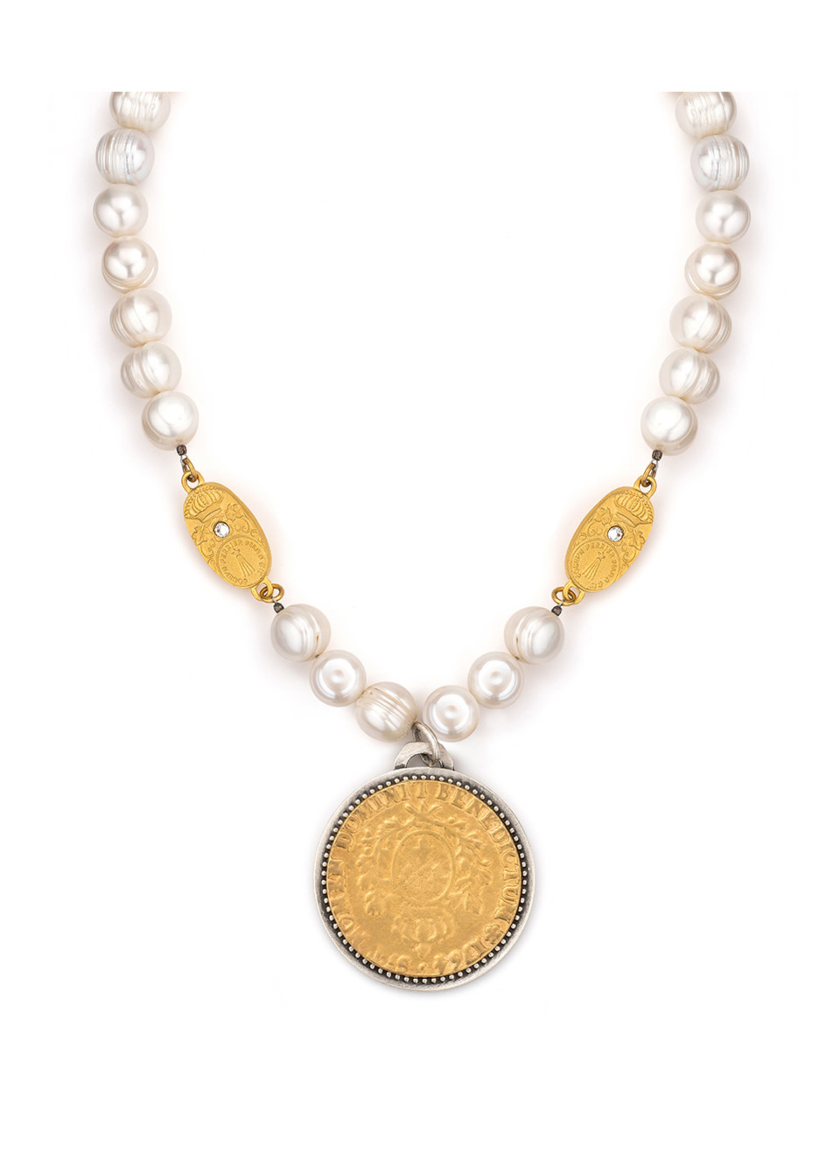 FRENCH KANDE 17" Freshwater Pearls & 14K Clad Domini Medallion