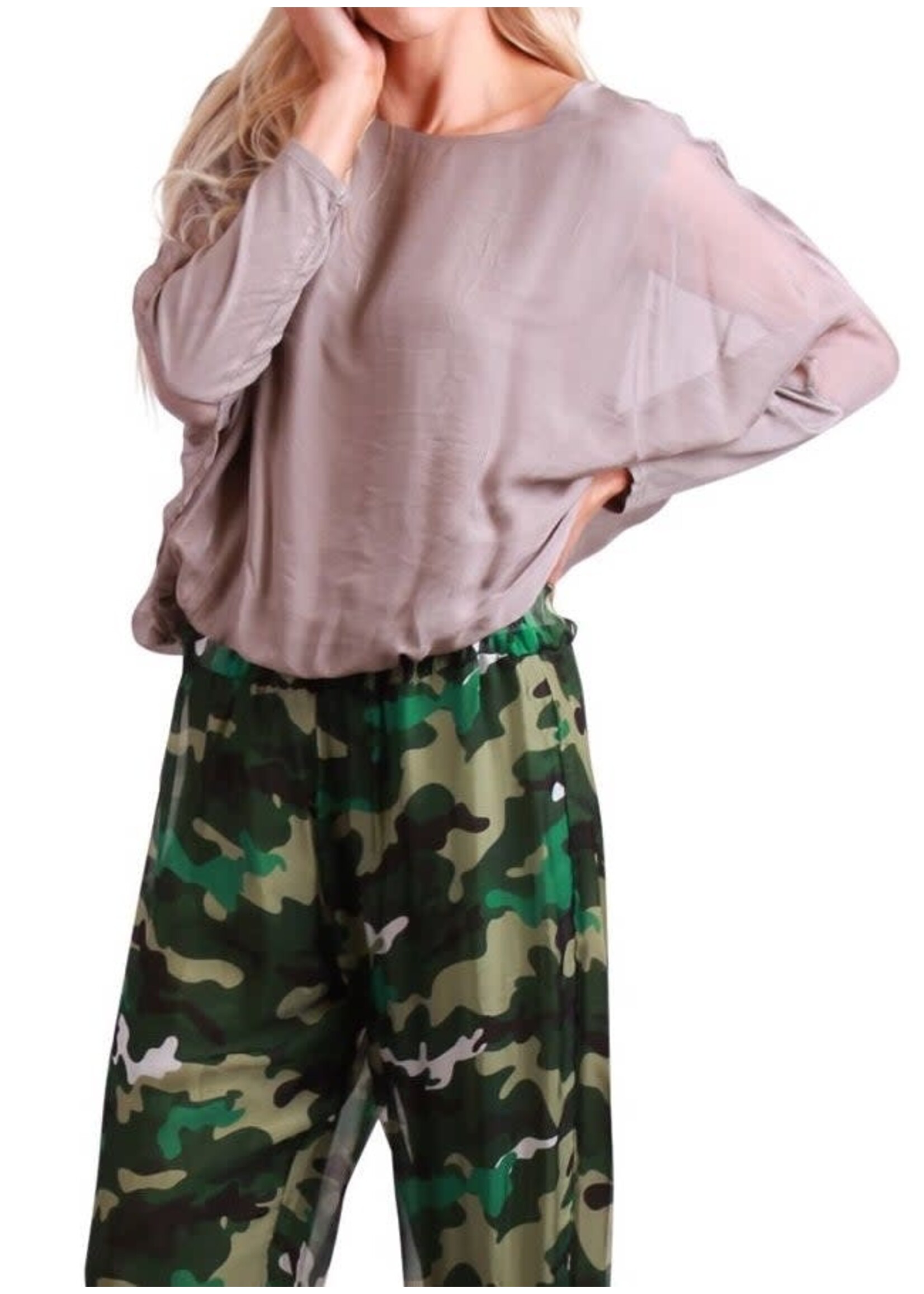 Gigi Moda Silk Blouse w/Bottom Band (Taupe) O/S