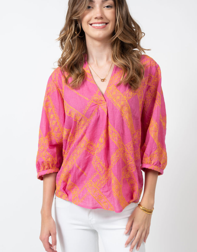 Ivy Jane Embroidered Popover Top (Hot Pink)