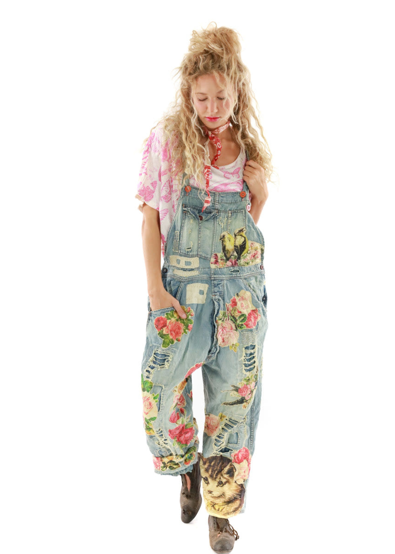 Floral Applique Overalls ( Washed Indigo) - Tazmaraz