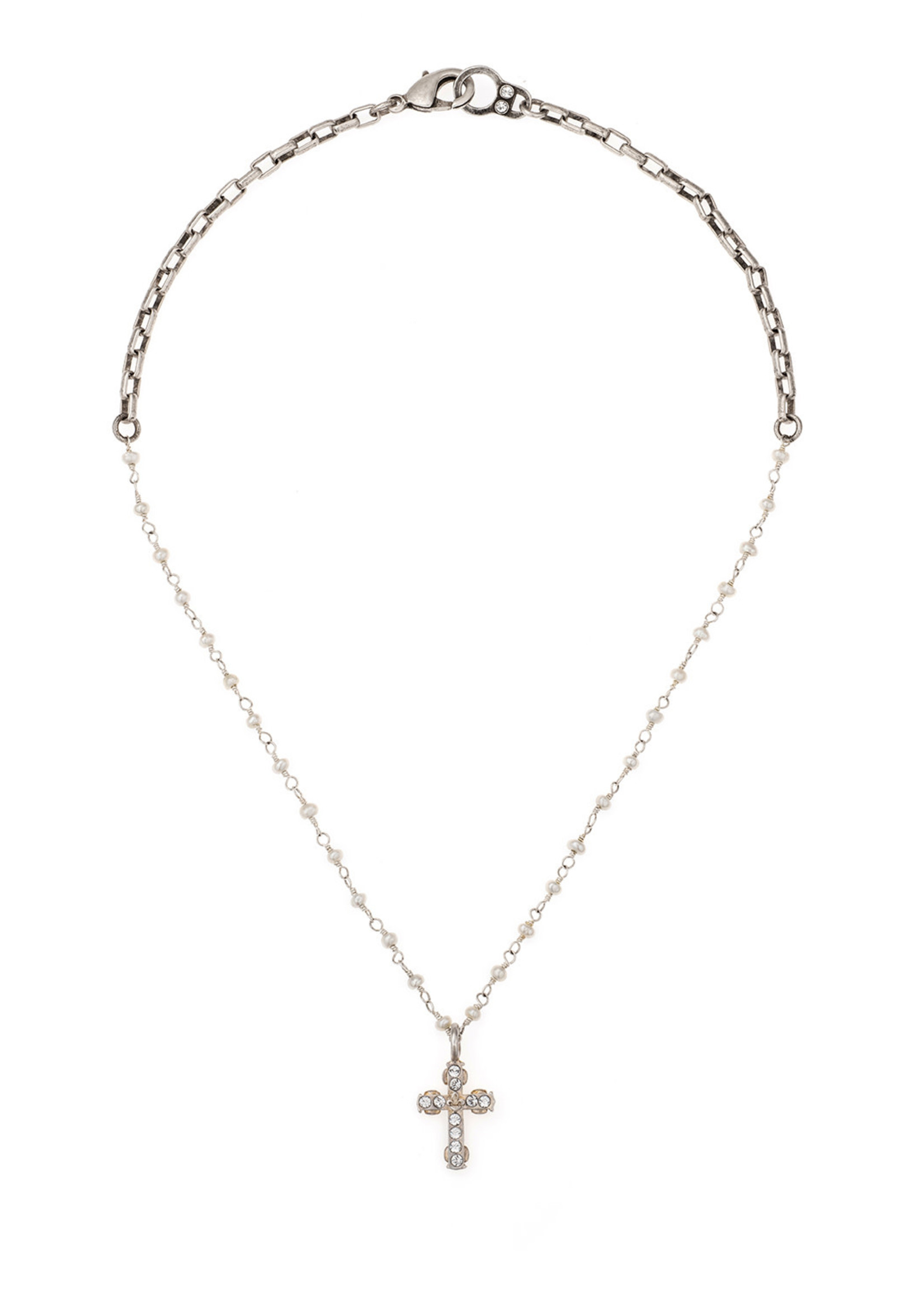 FRENCH KANDE Micro  Pearls and Loire  Micro Cross Necklace