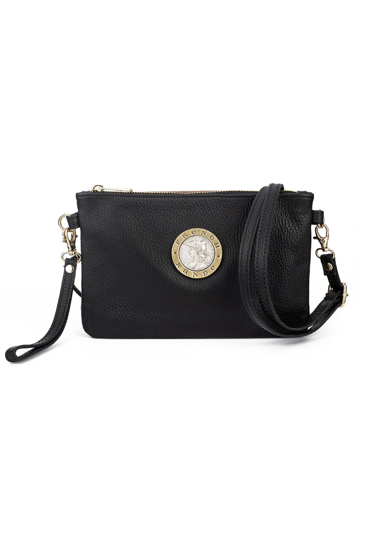 FRENCH KANDE Black Leather Crossbody w/Silver Cuvee Royal Medallion