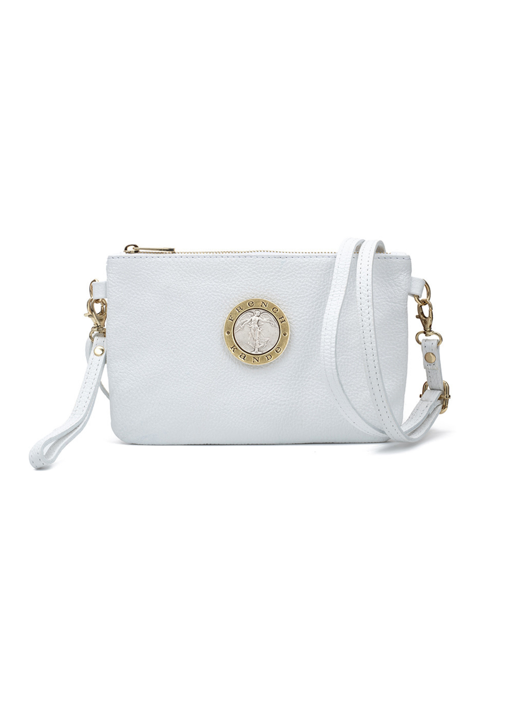 FRENCH KANDE White Leather Crossbody w/Silver Croix Medallion