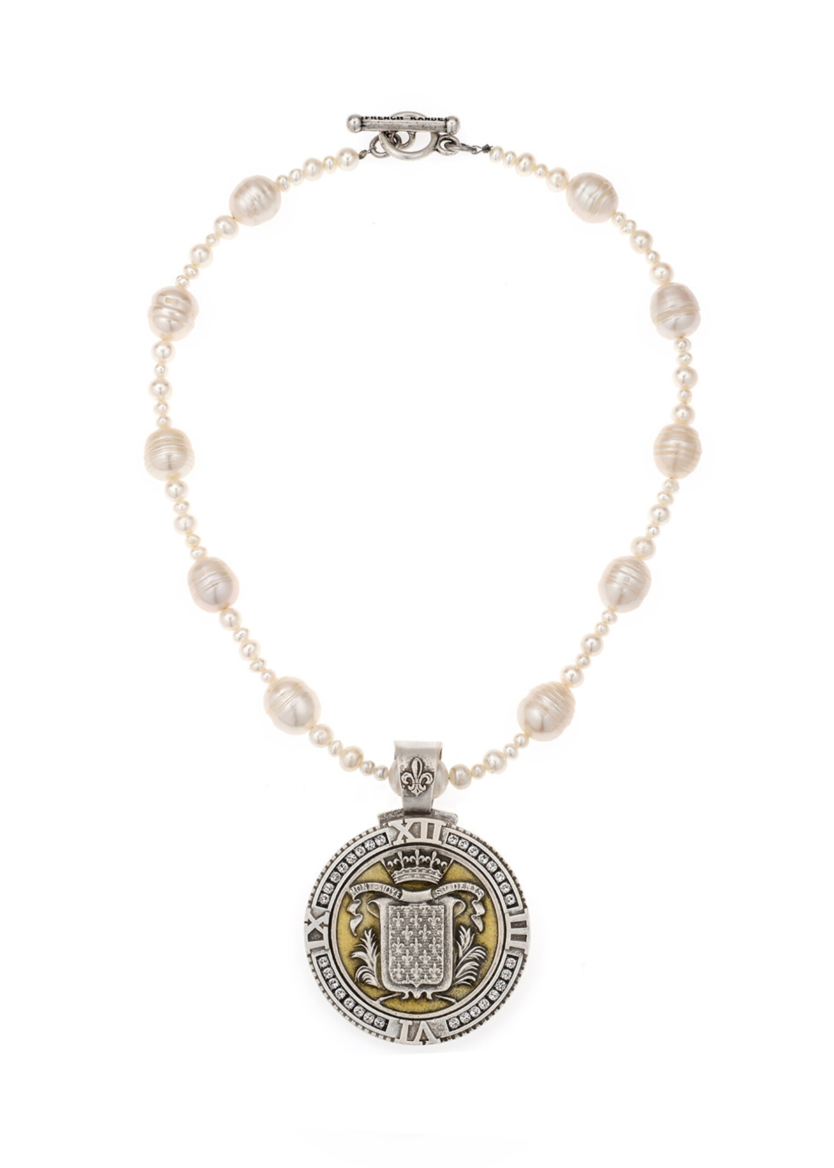 FRENCH KANDE PEARLS WITH ENAMEL MONT JOYE MEDALLION AND AUSTRIAN CRYSTAL