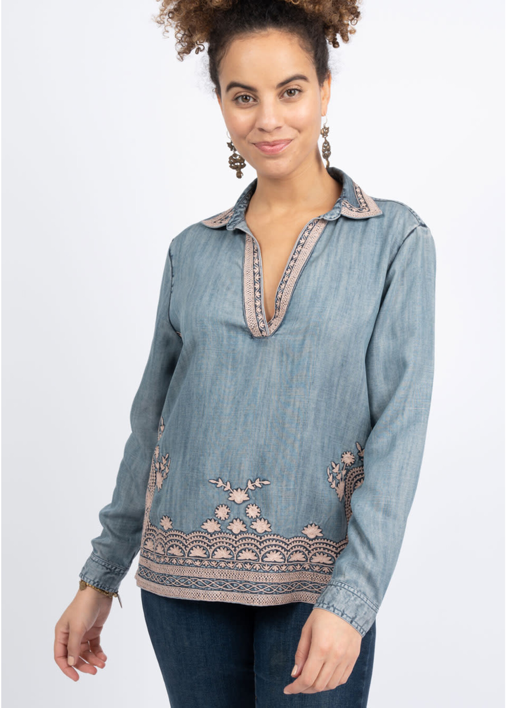 Ivy Jane Popover Embrioidered Top Indigo