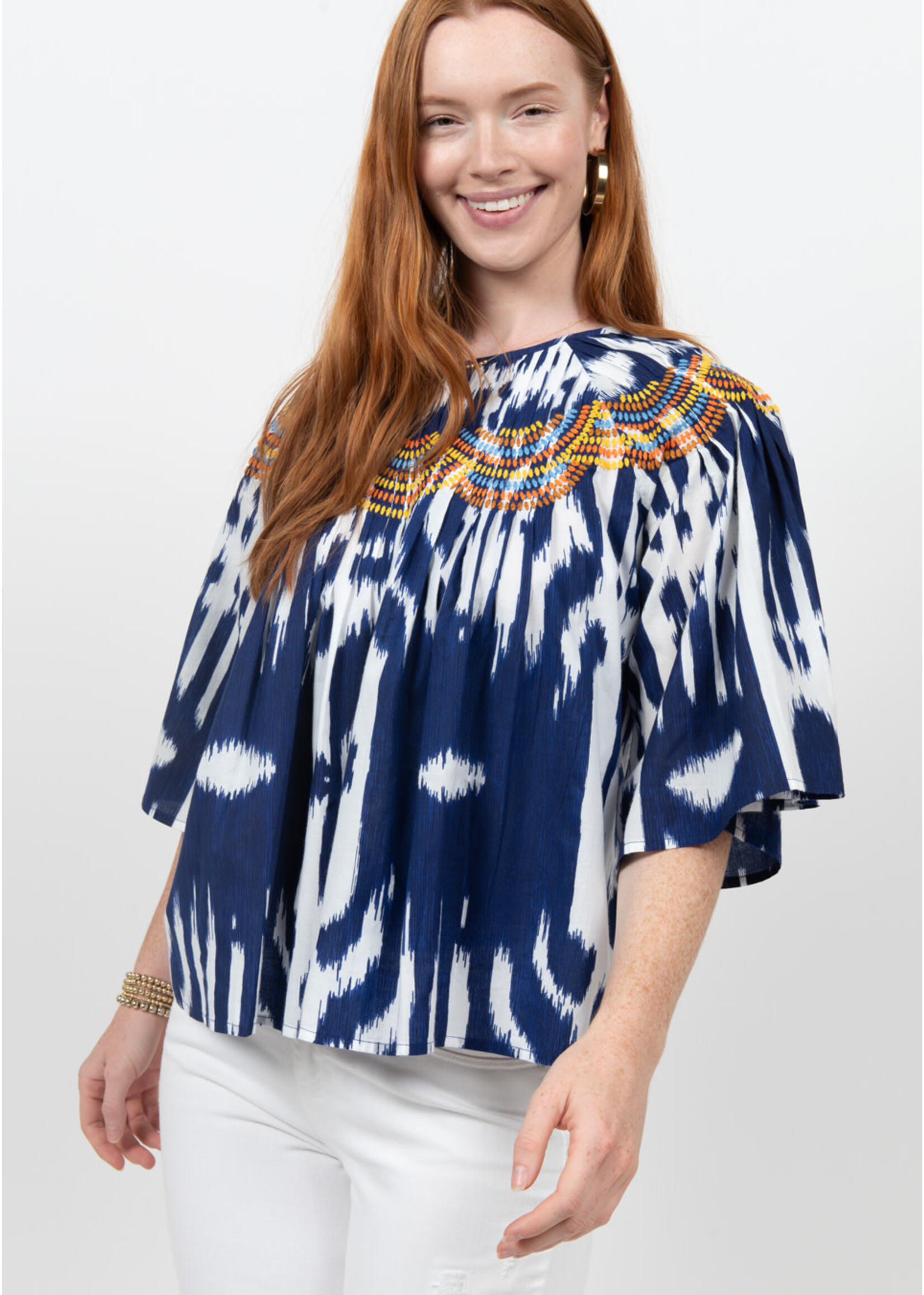 Ivy Jane Ikat Multi Stitched Top (Navy)