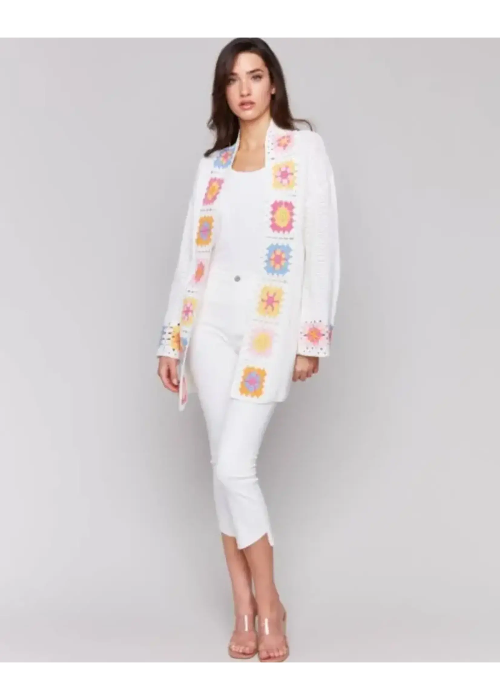 Charlie B Long Sleeve Knit Cardigan W Crochet Border (Natural)