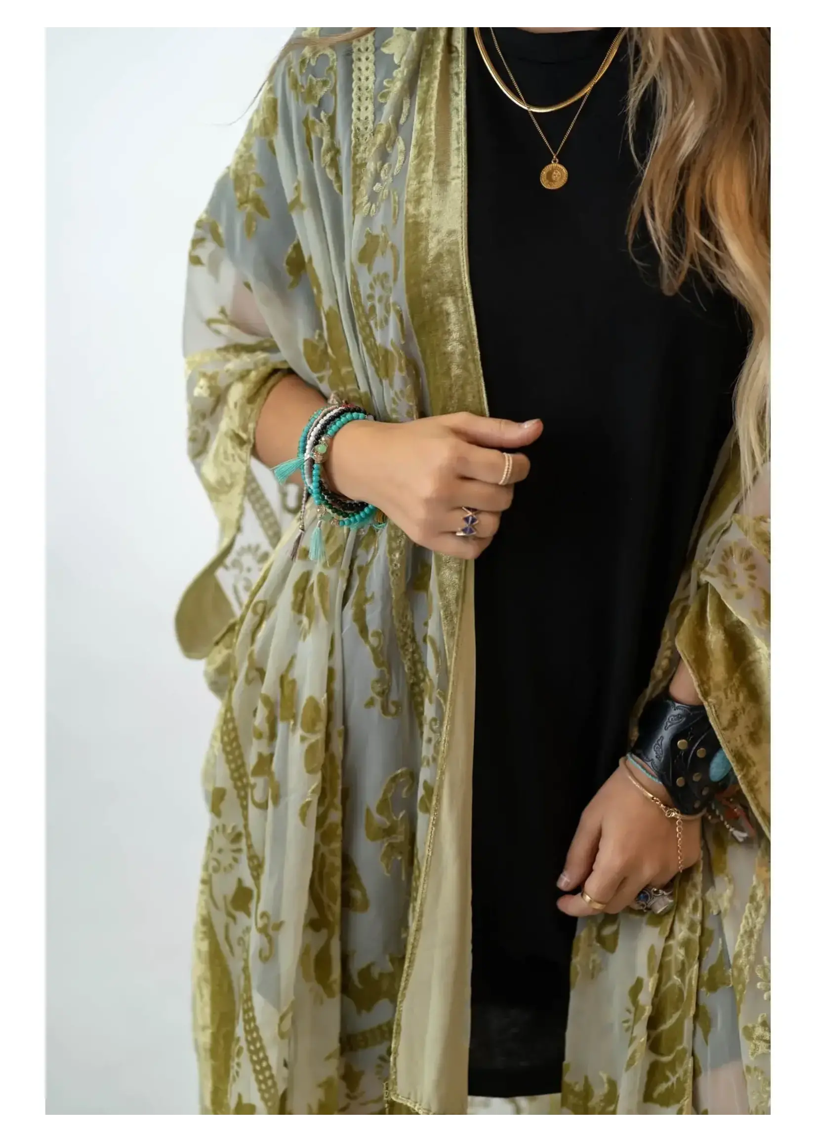 Three Bird Nest Velvet Kimono (Olive) O/S