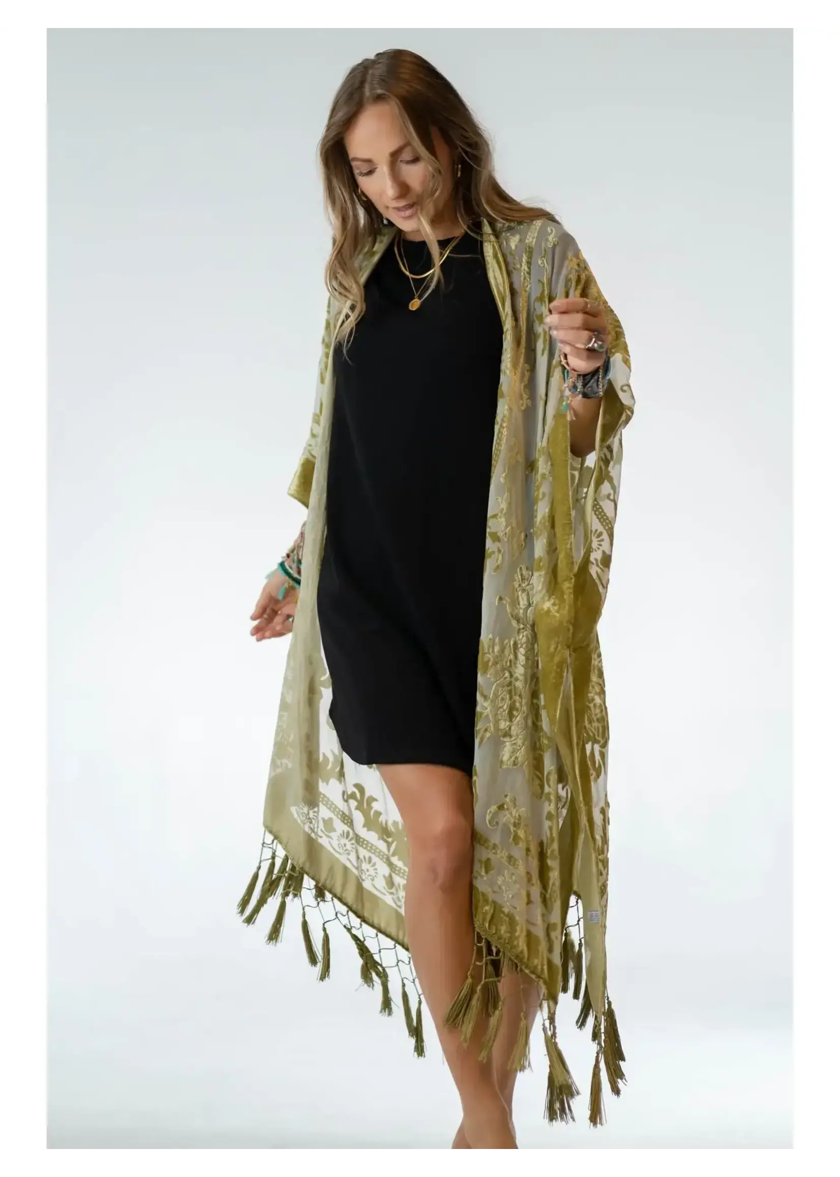 Three Bird Nest Velvet Kimono (Olive) O/S