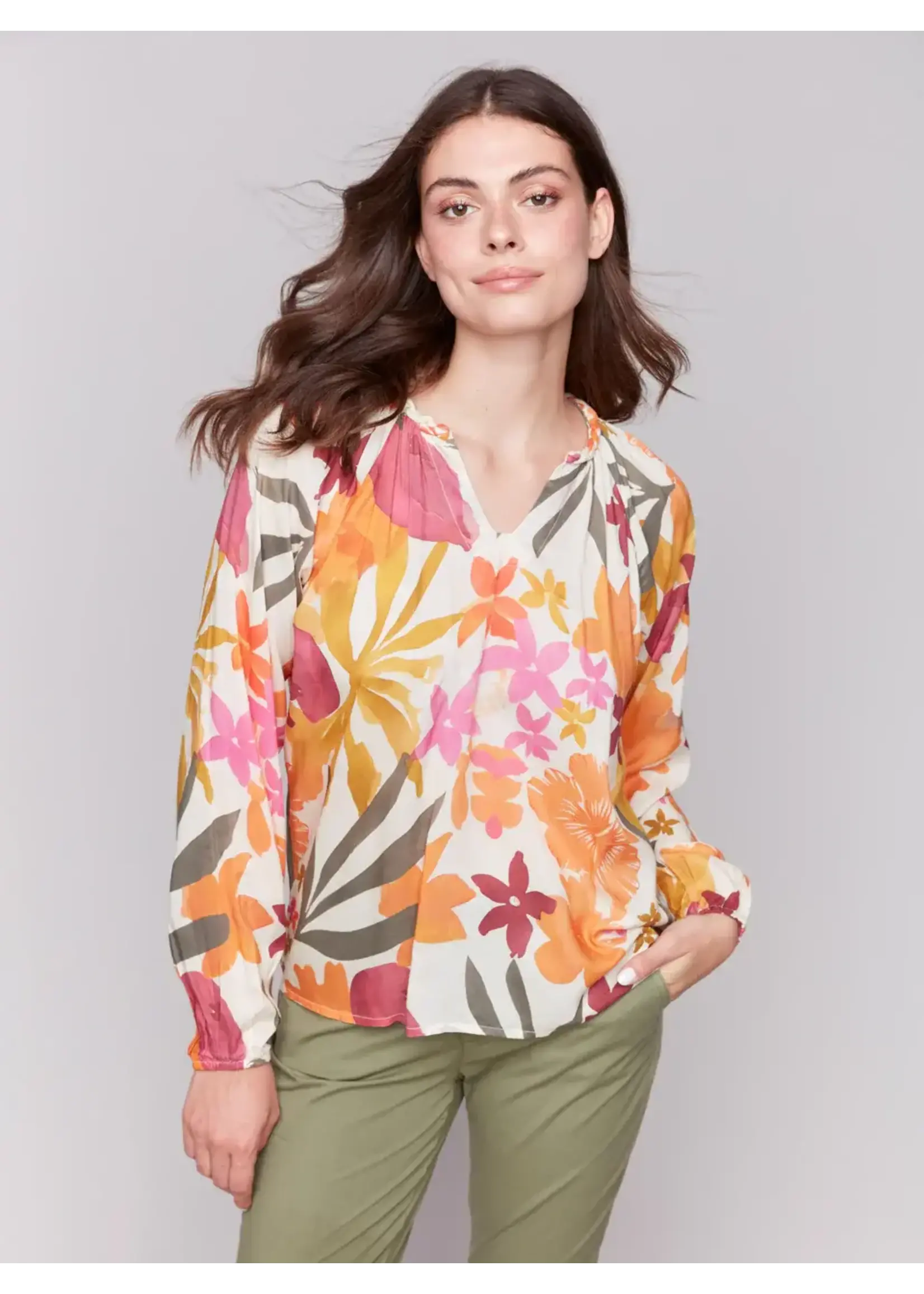 Charlie B Printed Raglan Long Sleeve Blouse (Bouquet)