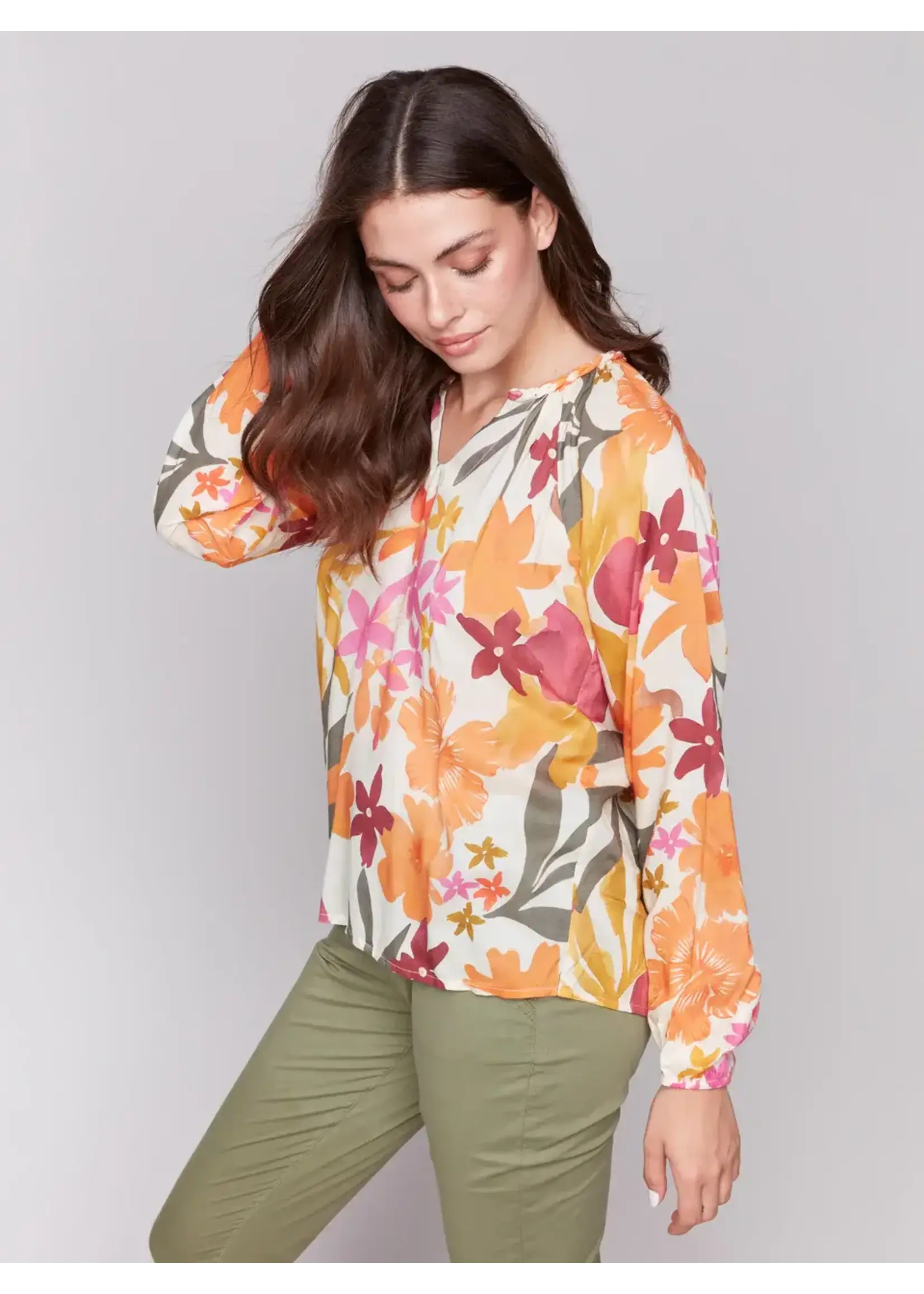 Charlie B Printed Raglan Long Sleeve Blouse (Bouquet)