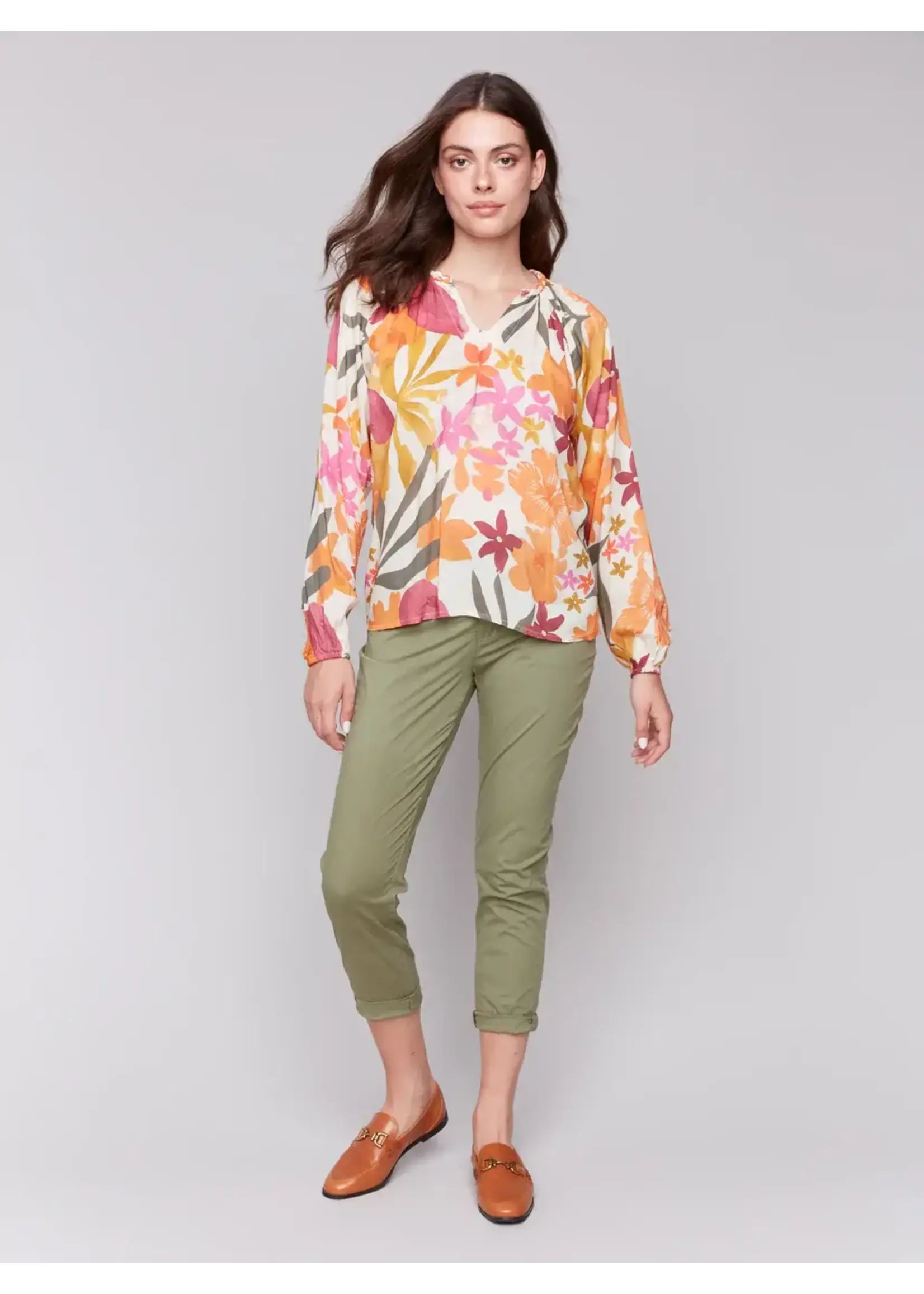 Charlie B Printed Raglan Long Sleeve Blouse (Bouquet)