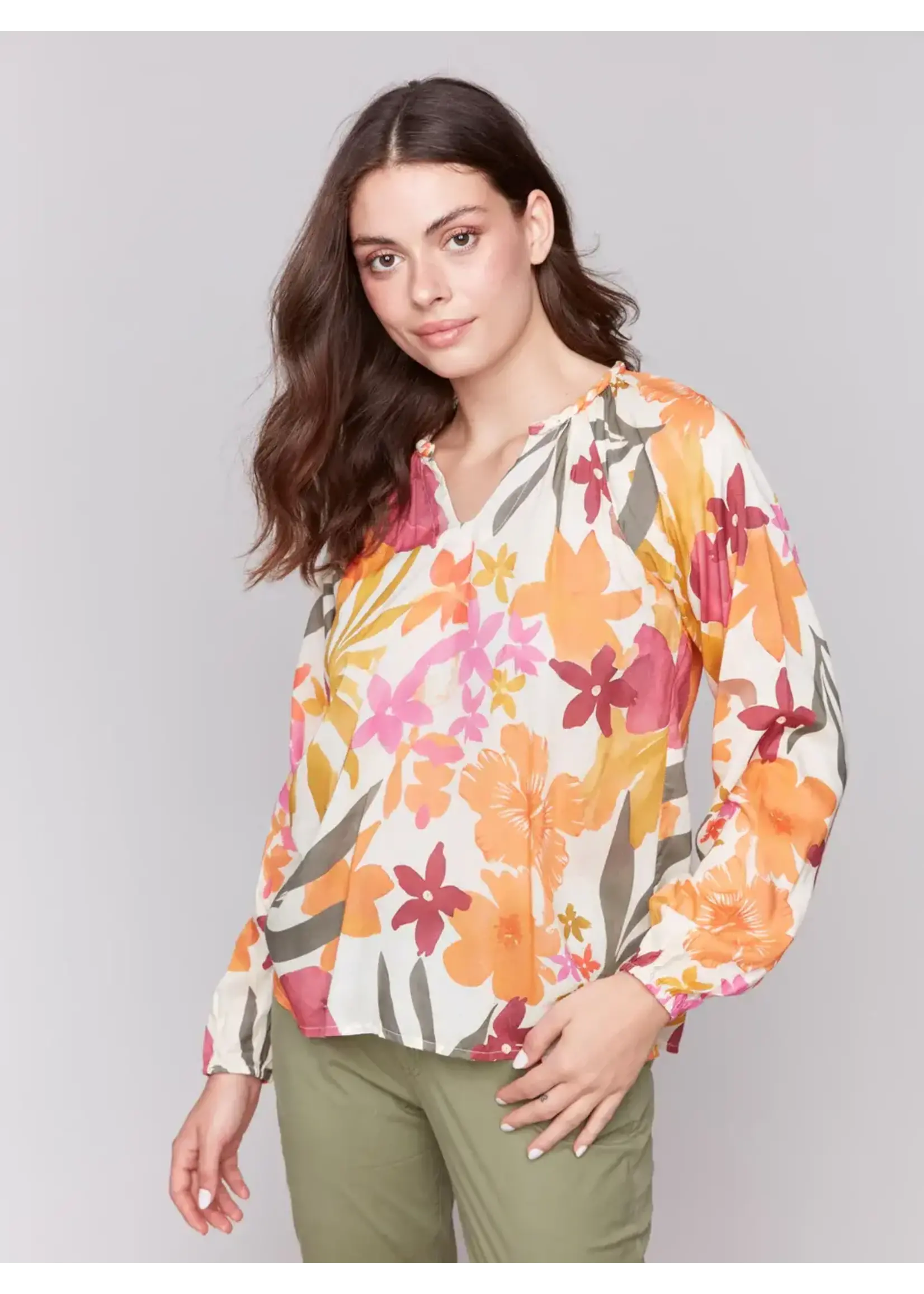 Charlie B Printed Raglan Long Sleeve Blouse (Bouquet)