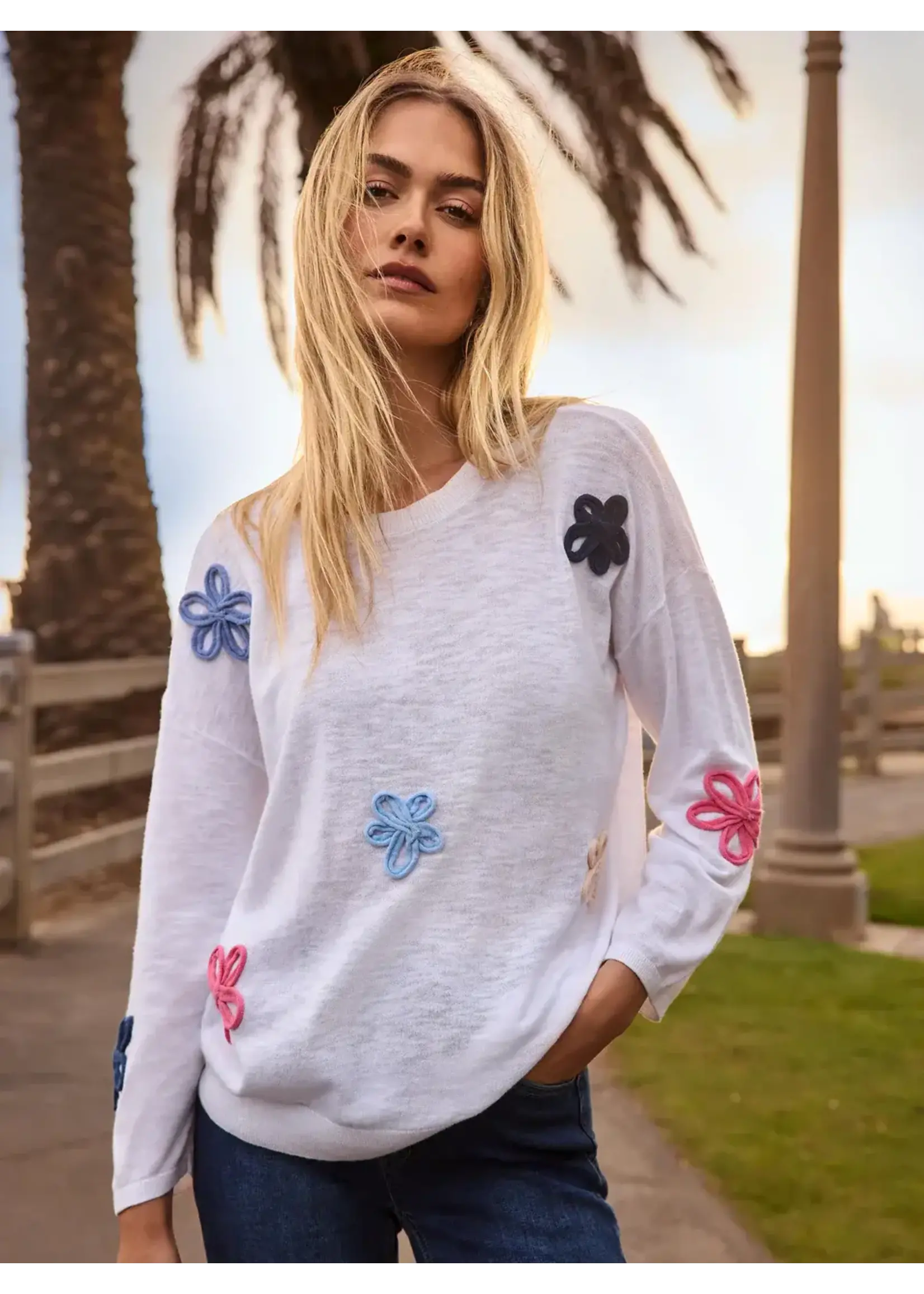 Charlie B Crew Neck Sweater w/Daisies